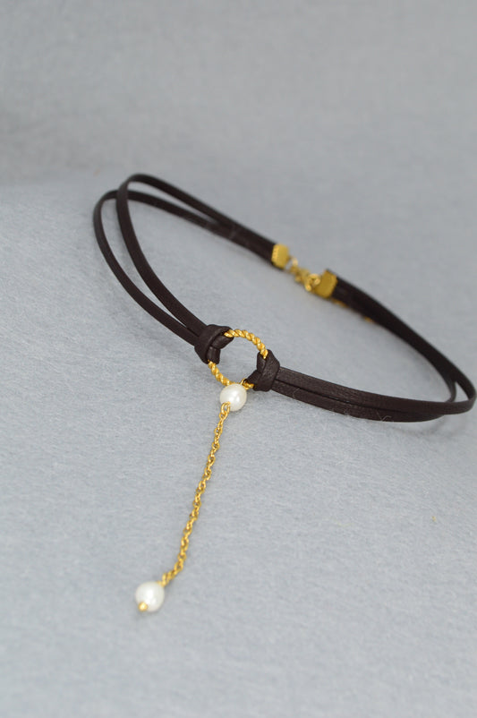 Dark Brown Leather Choker with Gold Chain & Freshwater Pearls | Unique Boho Gothic Jewelry