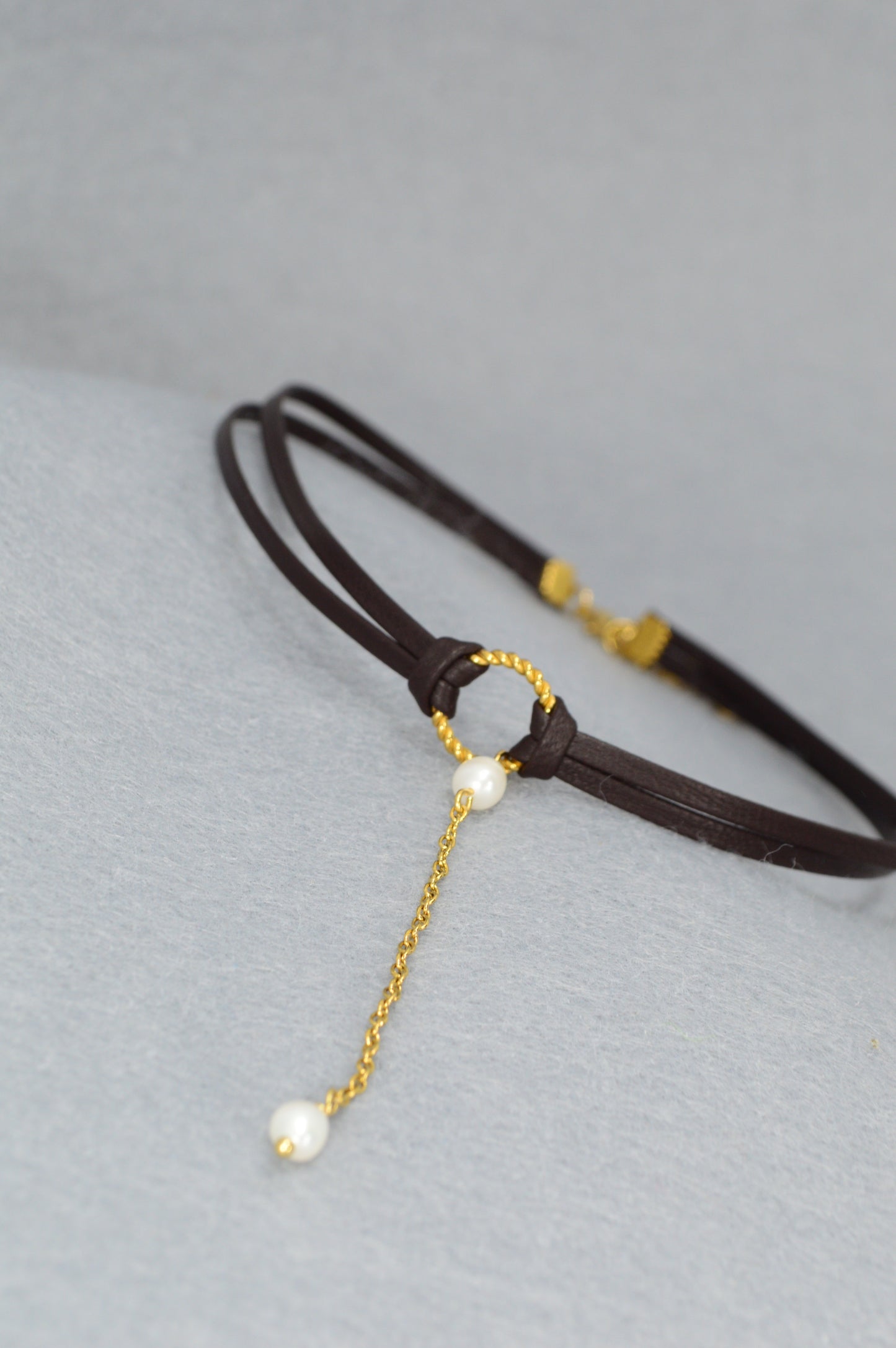Dark Brown Leather Choker with Gold Chain & Freshwater Pearls | Unique Boho Gothic Jewelry