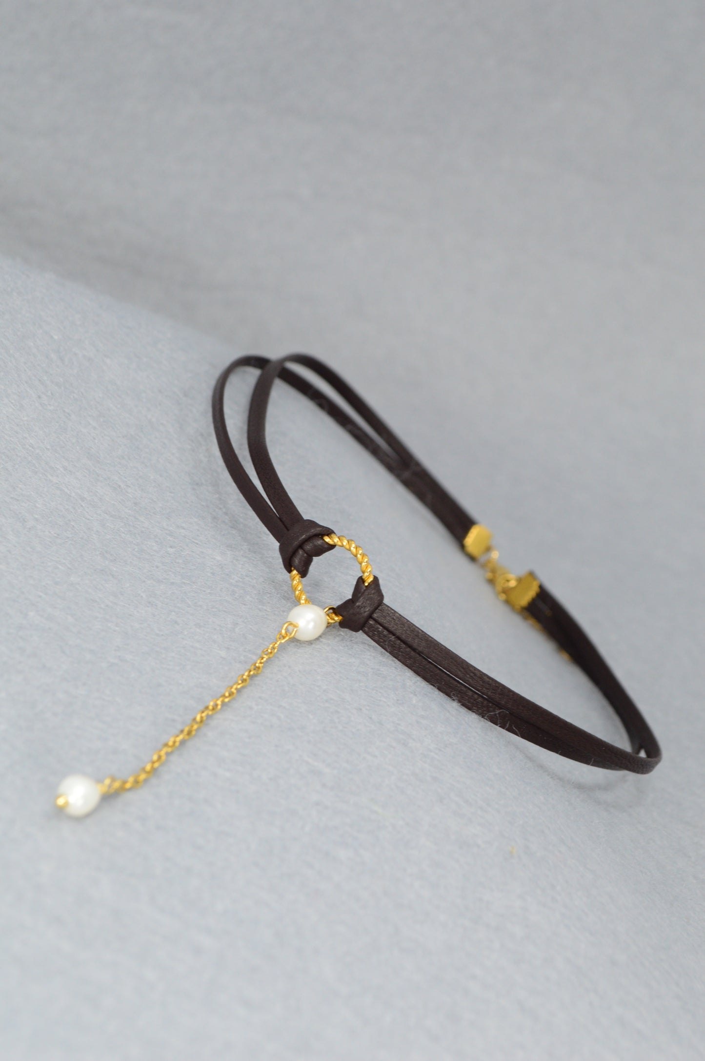 Dark Brown Leather Choker with Gold Chain & Freshwater Pearls | Unique Boho Gothic Jewelry