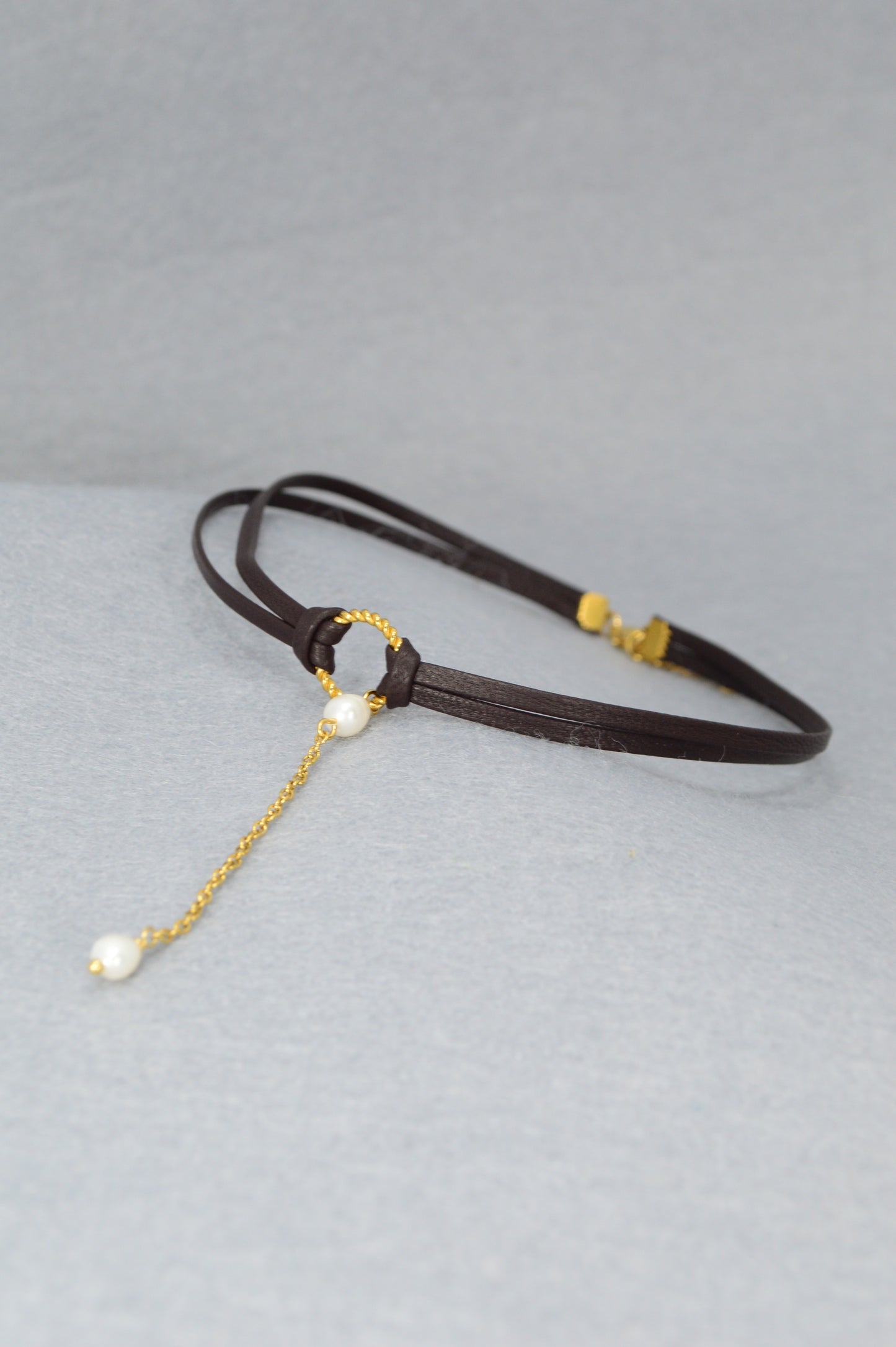 Dark Brown Leather Choker with Gold Chain & Freshwater Pearls | Unique Boho Gothic Jewelry