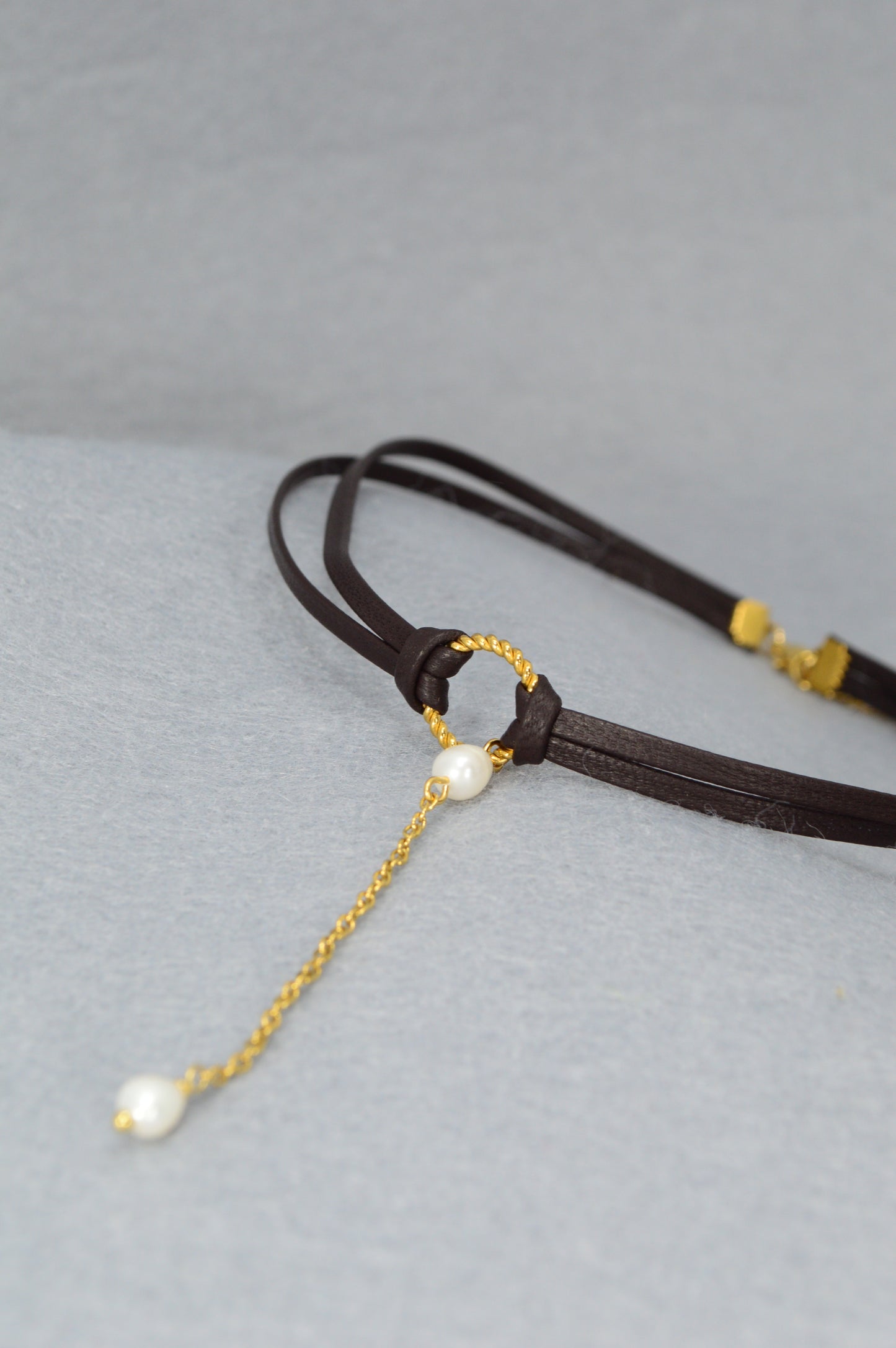 Dark Brown Leather Choker with Gold Chain & Freshwater Pearls | Unique Boho Gothic Jewelry