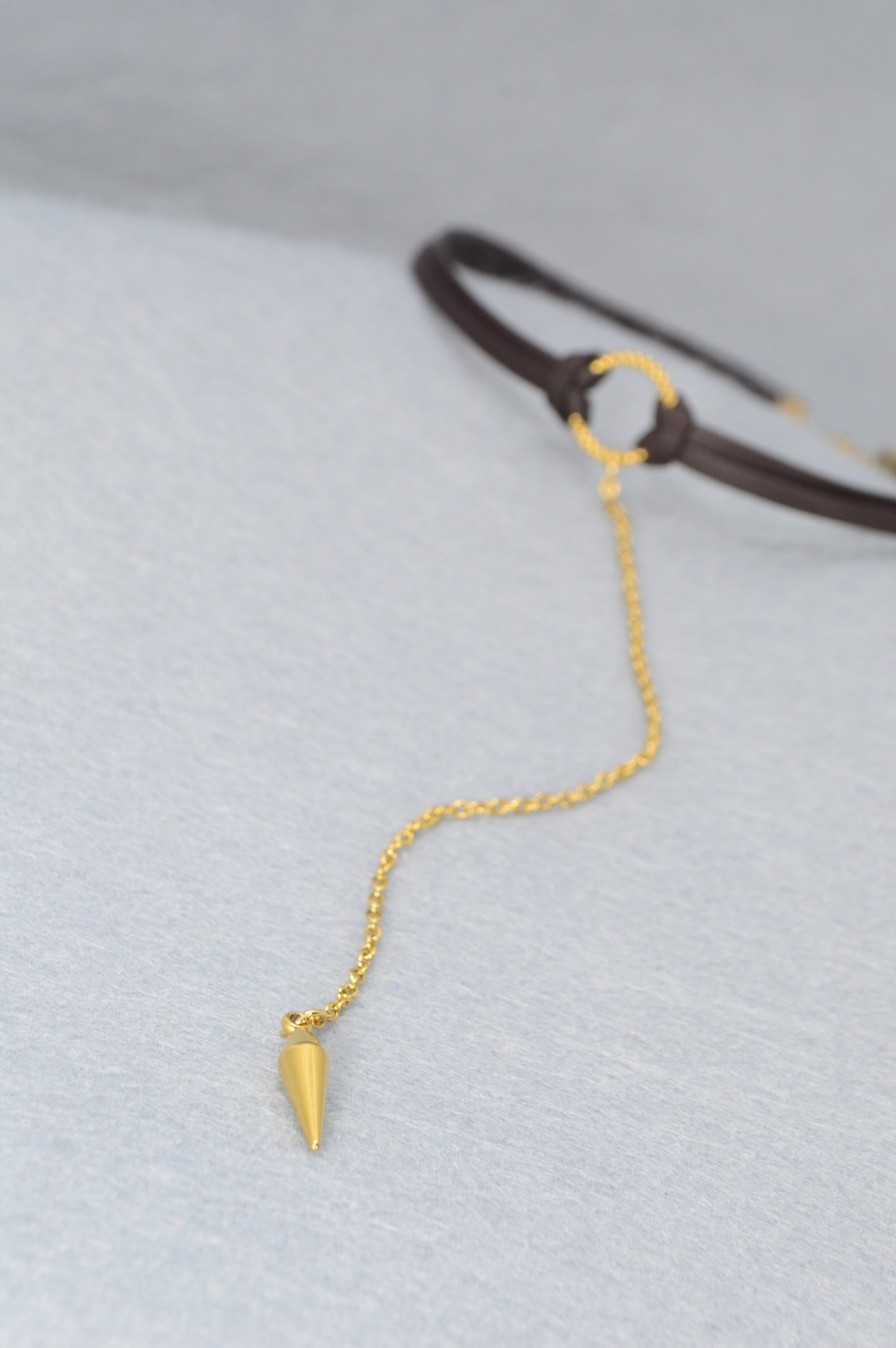Edgy Boho Choker | Dark Brown Leather Necklace with Gold Drop Pendant