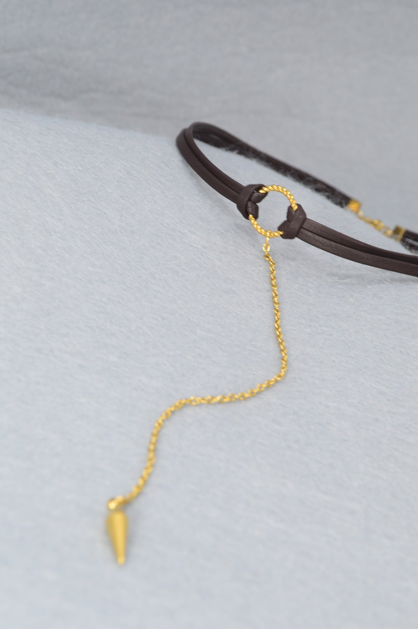 Edgy Boho Choker | Dark Brown Leather Necklace with Gold Drop Pendant