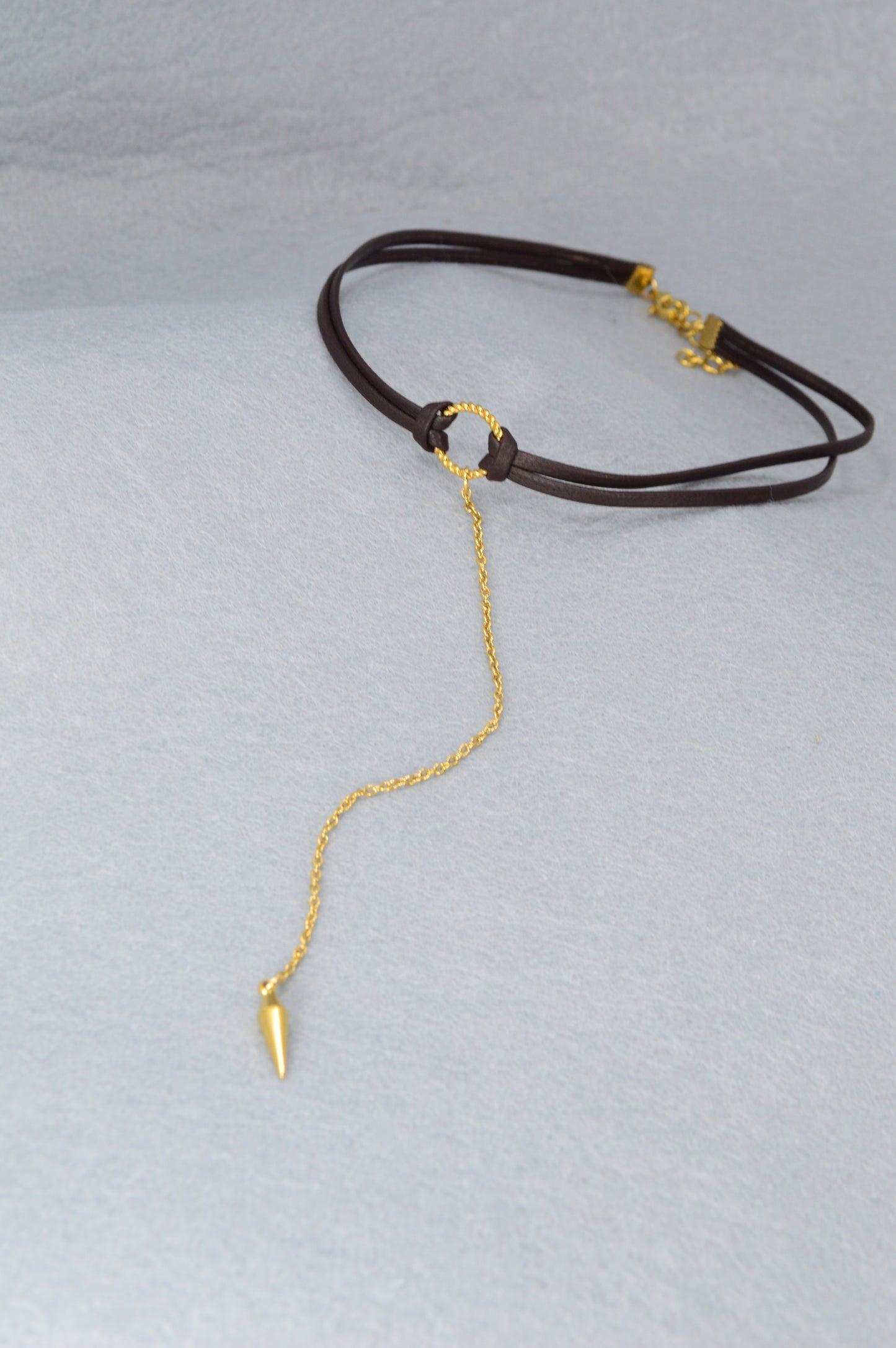 Edgy Boho Choker | Dark Brown Leather Necklace with Gold Drop Pendant