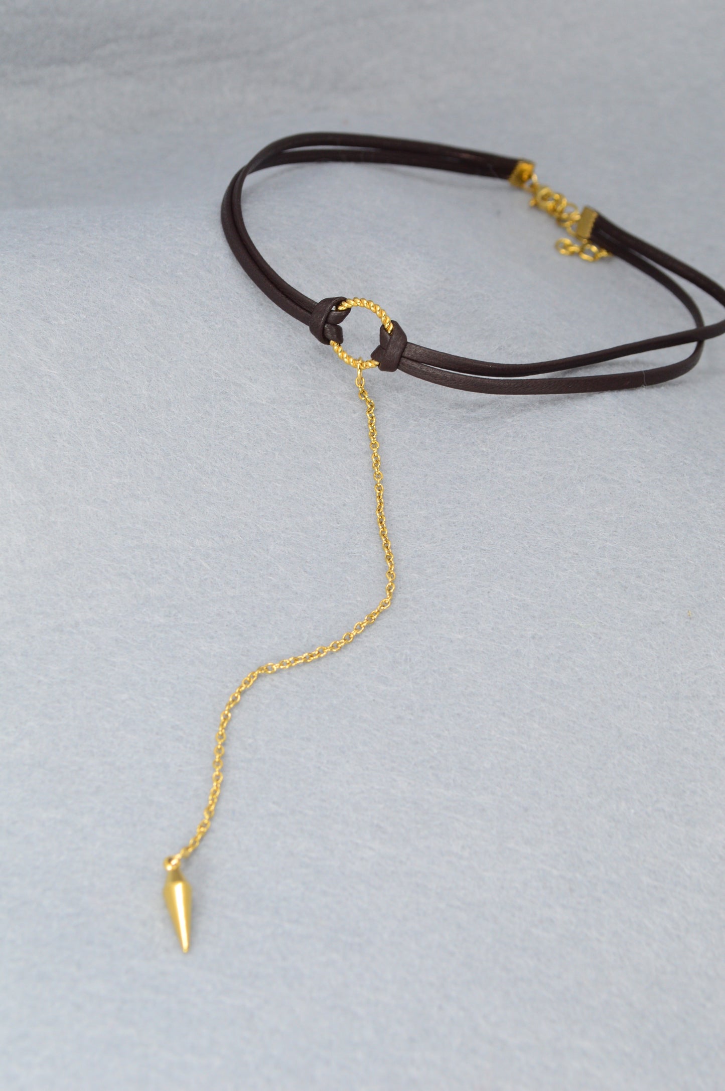 Edgy Boho Choker | Dark Brown Leather Necklace with Gold Drop Pendant