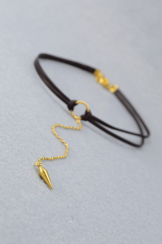 Edgy Boho Choker | Dark Brown Leather Necklace with Gold Drop Pendant