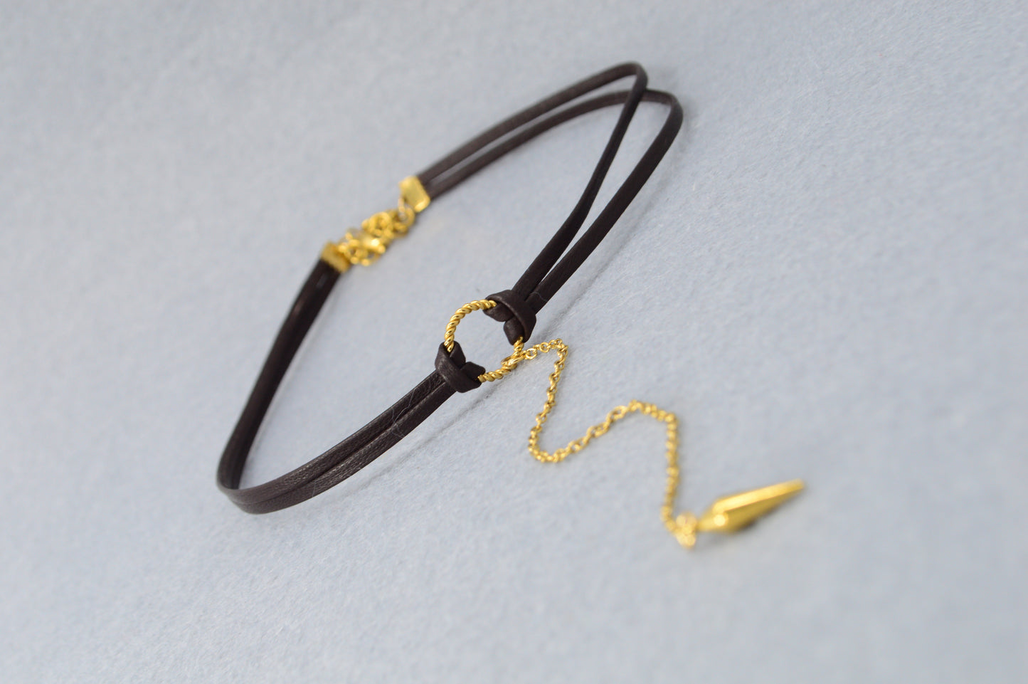 Edgy Boho Choker | Dark Brown Leather Necklace with Gold Drop Pendant