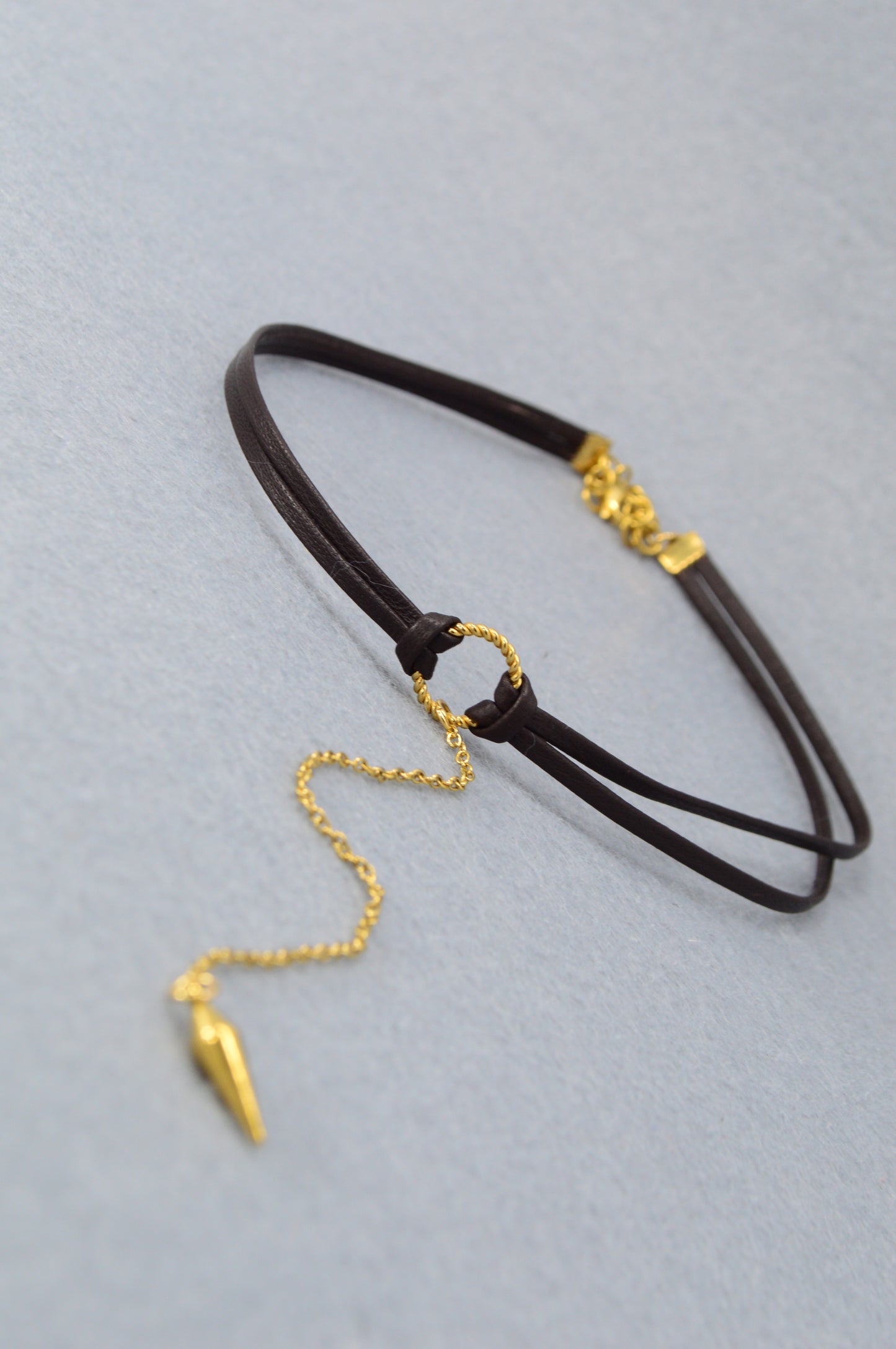 Edgy Boho Choker | Dark Brown Leather Necklace with Gold Drop Pendant
