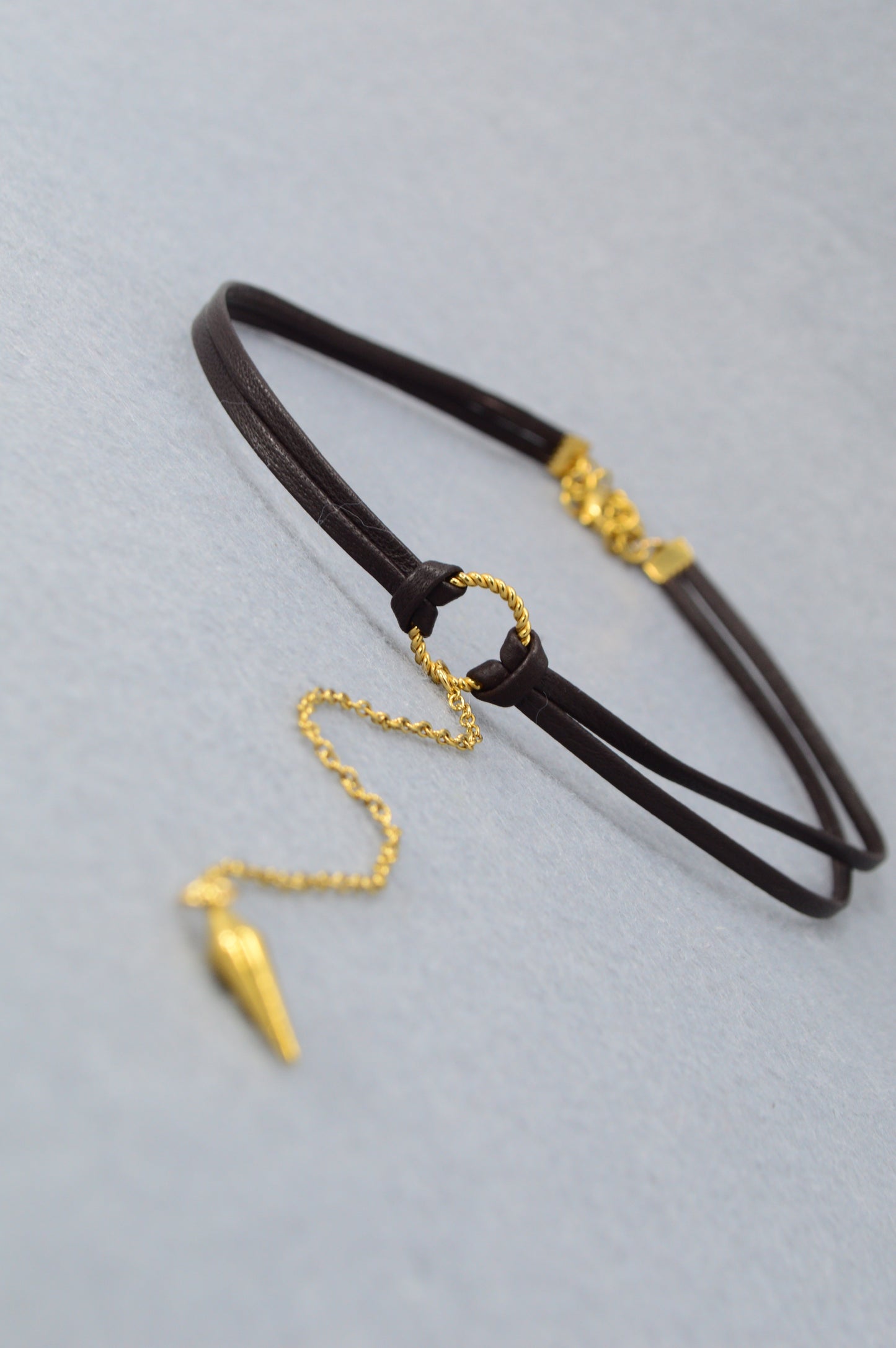 Edgy Boho Choker | Dark Brown Leather Necklace with Gold Drop Pendant