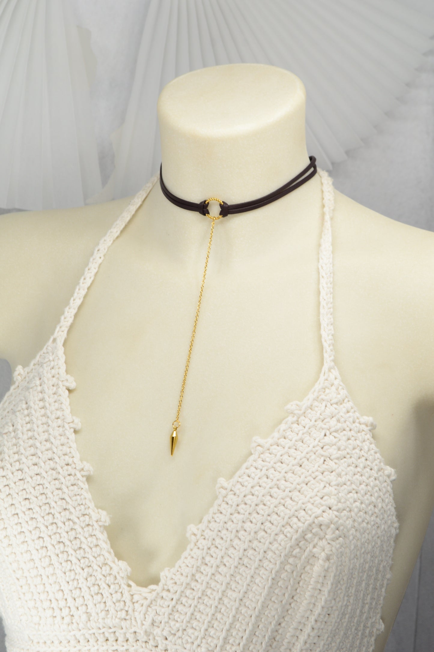 Edgy Boho Choker | Dark Brown Leather Necklace with Gold Drop Pendant