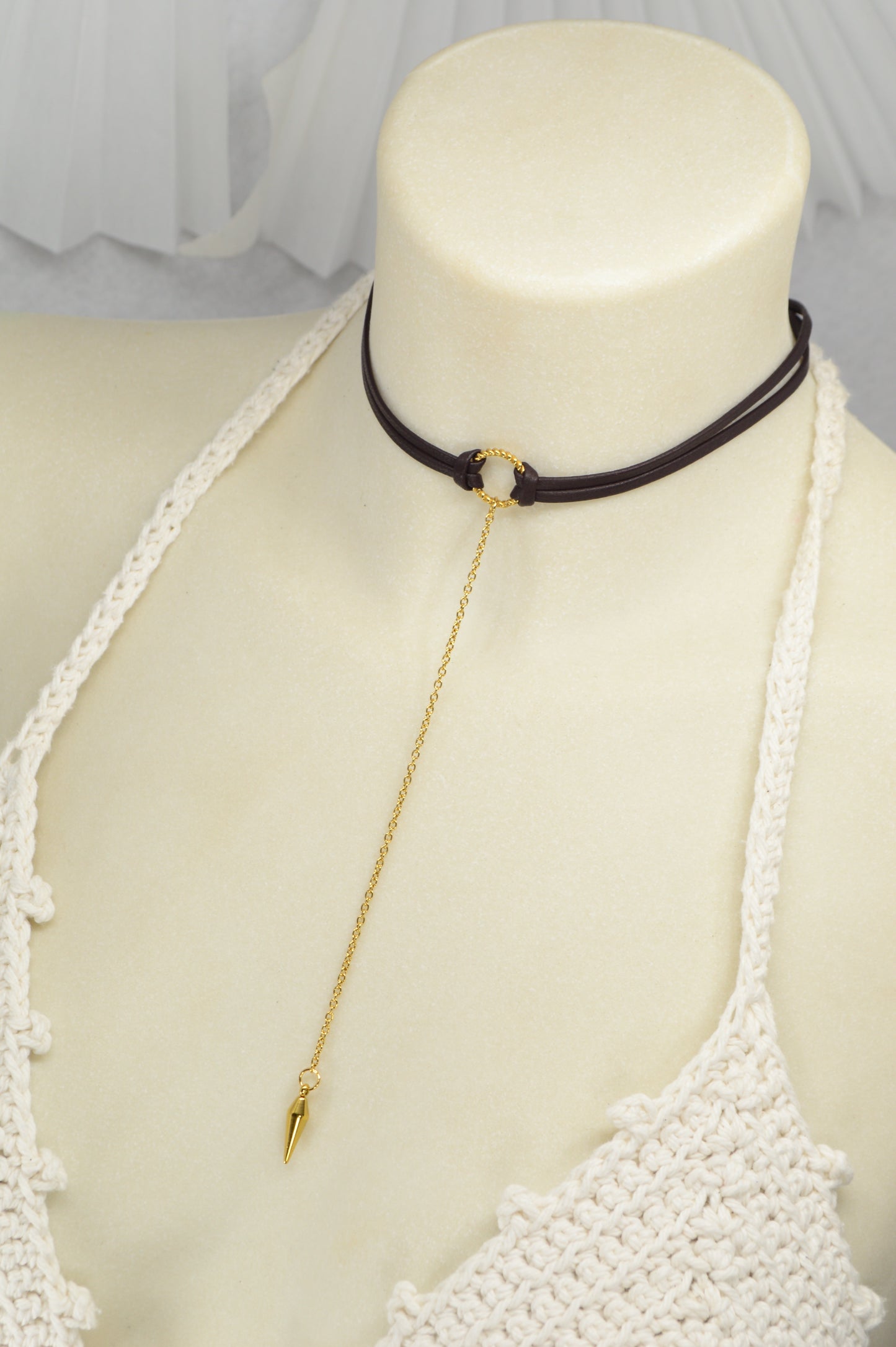 Edgy Boho Choker | Dark Brown Leather Necklace with Gold Drop Pendant