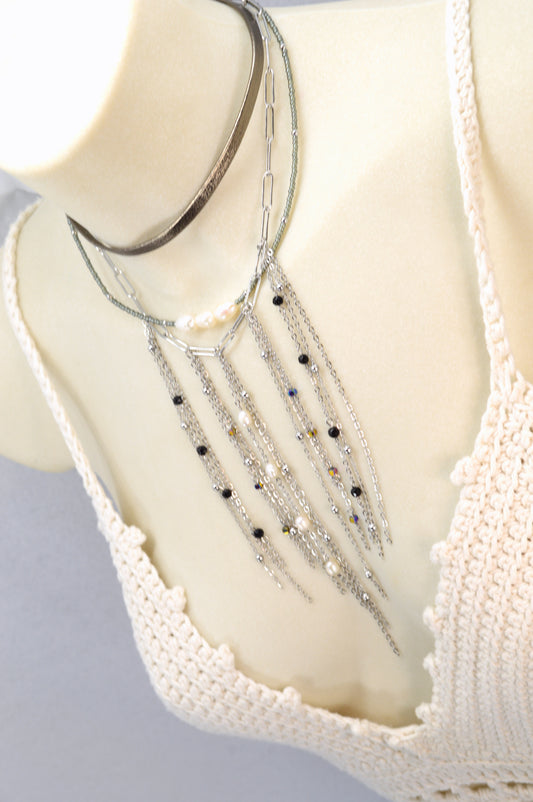 Statement Layered Fringe Necklace – Stainless Steel, Pearls & Gemstones | Fall 2025 Must-Have