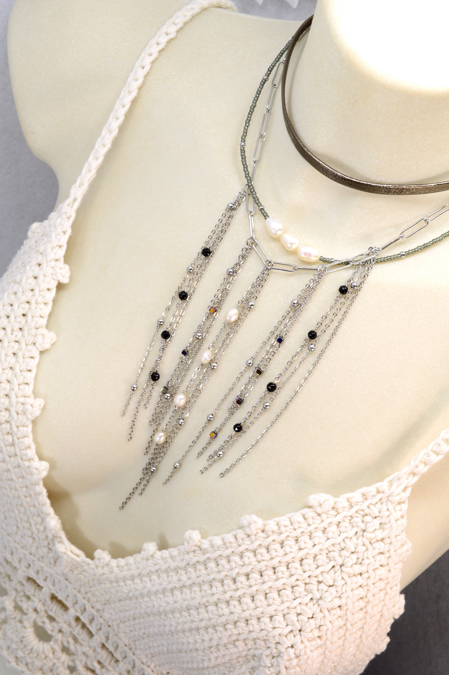 Statement Layered Fringe Necklace – Stainless Steel, Pearls & Gemstones | Fall 2025 Must-Have