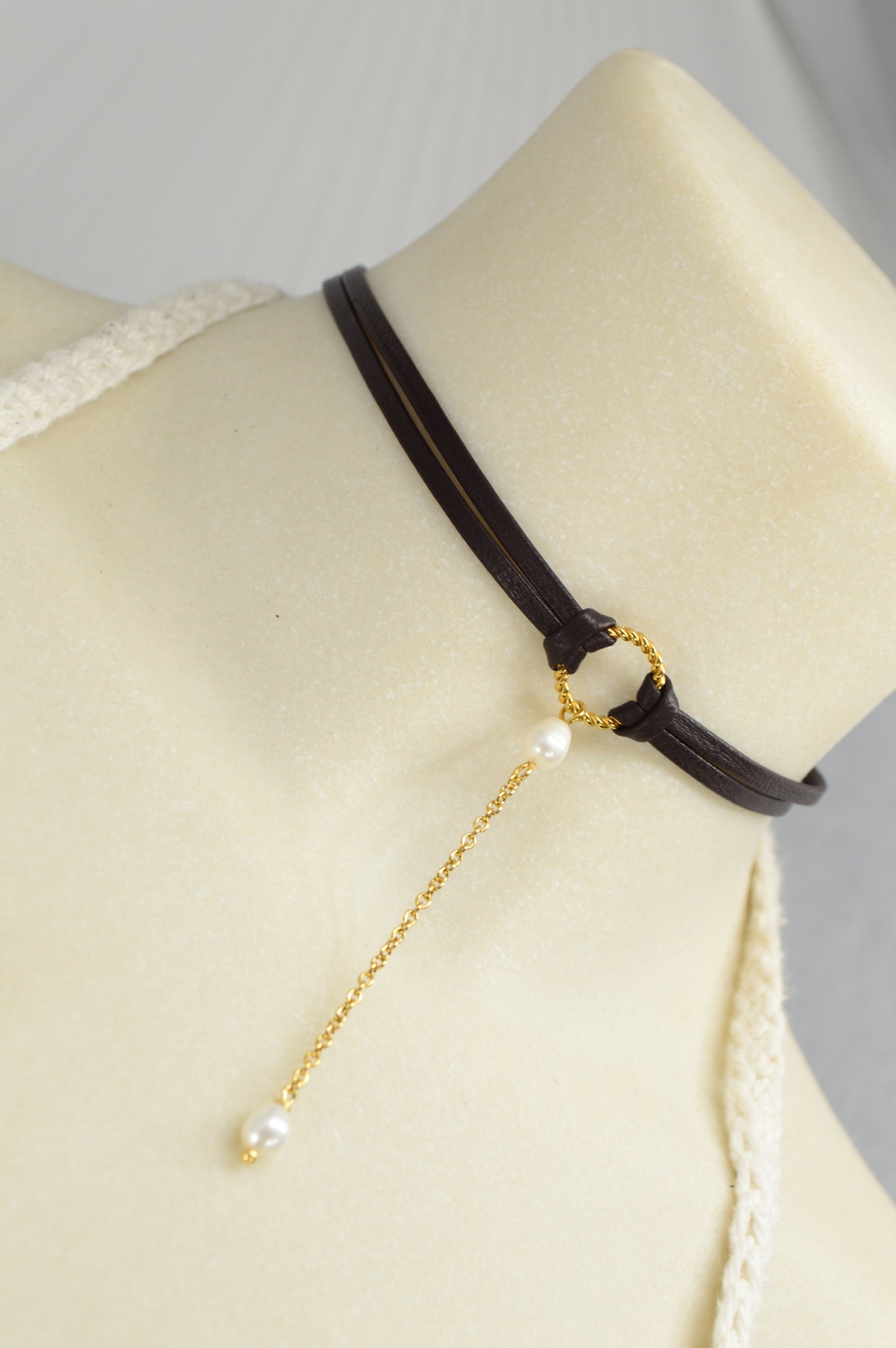 Dark Brown Leather Choker with Gold Chain & Freshwater Pearls | Unique Boho Gothic Jewelry