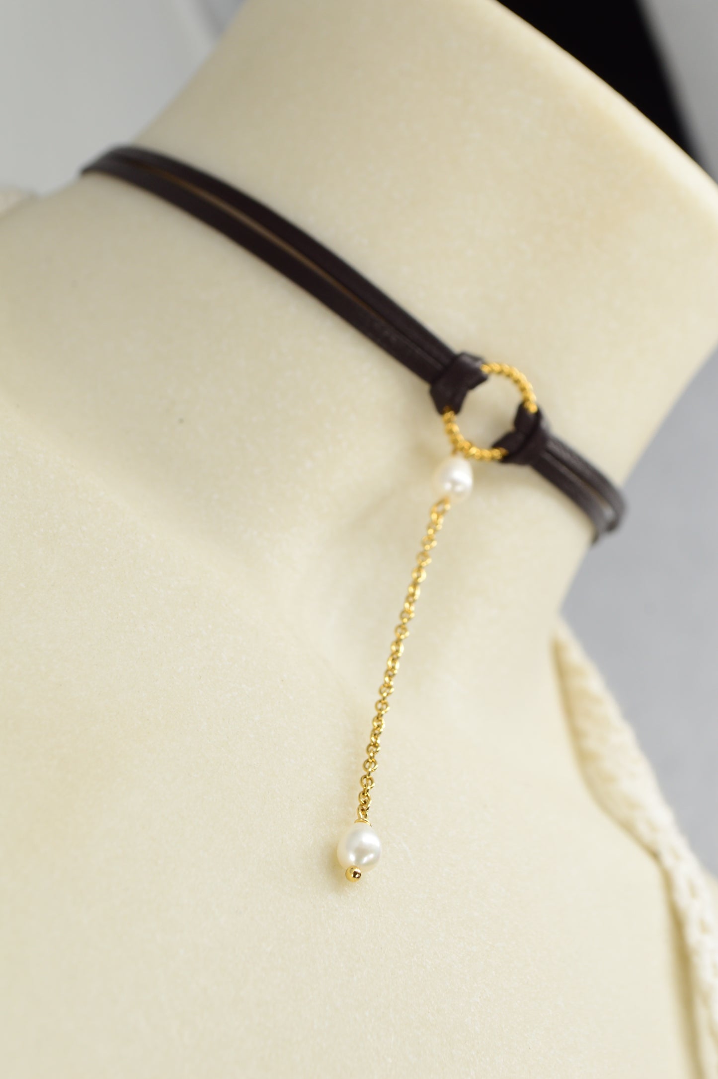 Dark Brown Leather Choker with Gold Chain & Freshwater Pearls | Unique Boho Gothic Jewelry