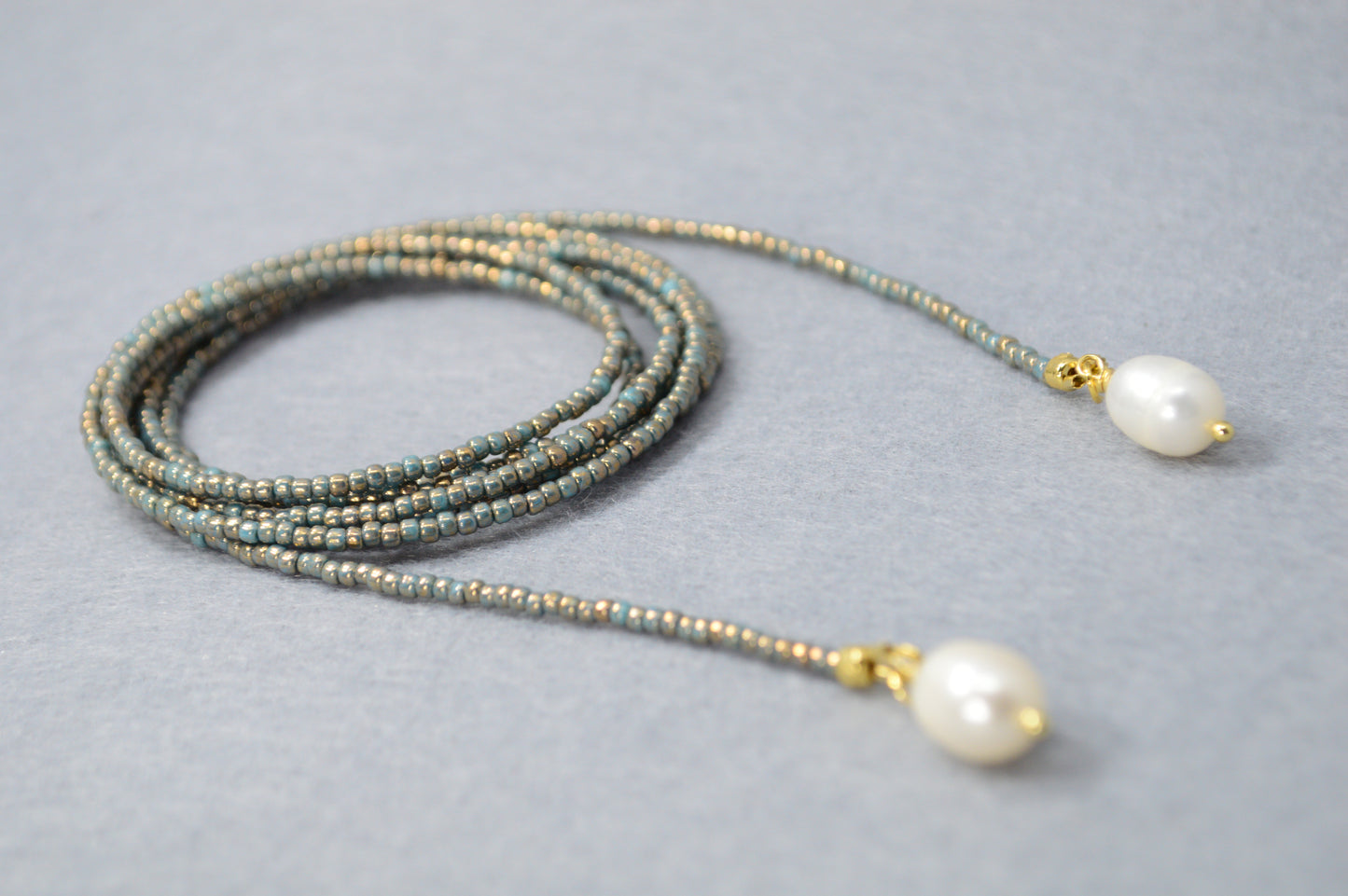 Dusty Blue Pearl Tie Necklace – Minimal Beaded Lariat, Wrap Necktie Jewelry