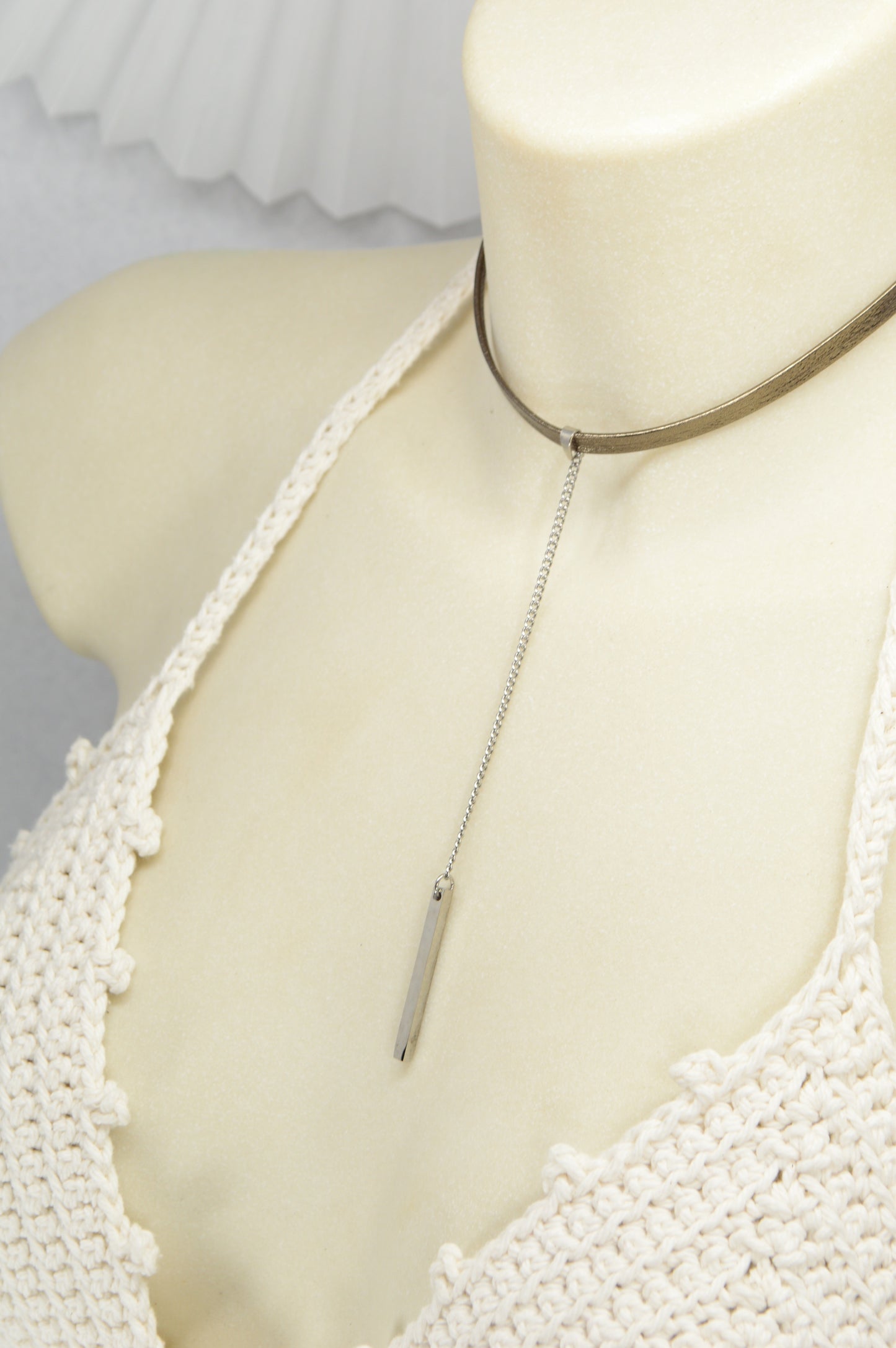 Stainless Steel Bar Pendant Choker – Leather Cord Necklace | Minimalist Y Necklace for Women & Men | Modern Statement Jewelry