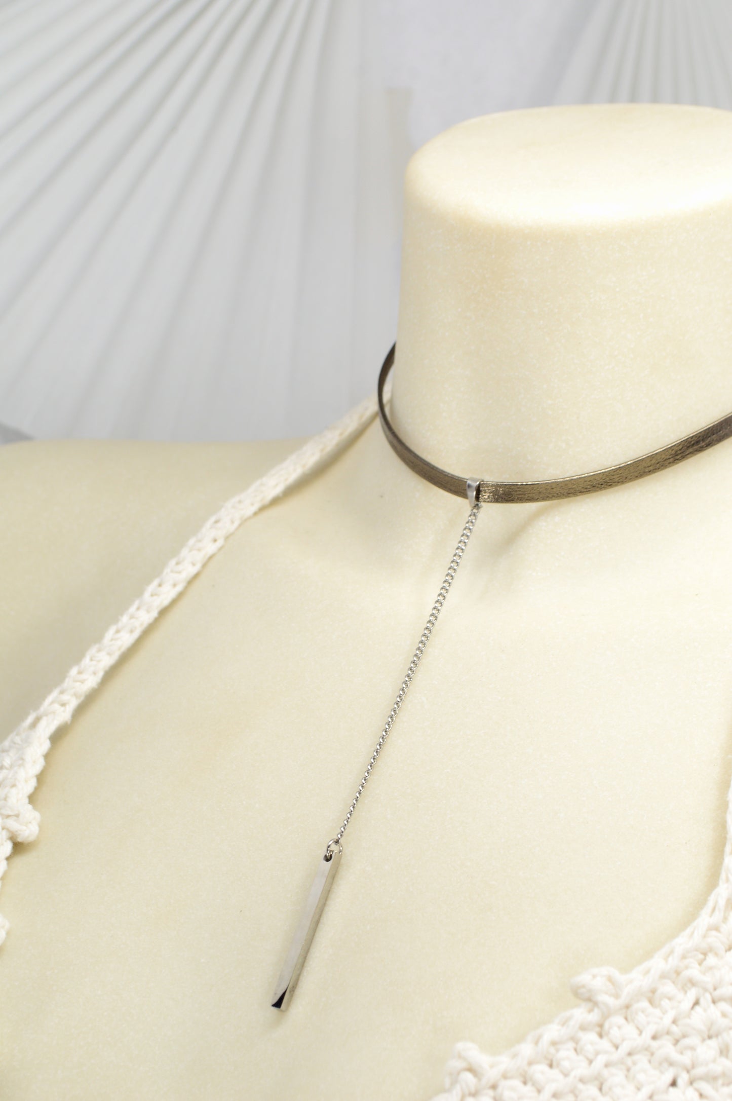 Stainless Steel Bar Pendant Choker – Leather Cord Necklace | Minimalist Y Necklace for Women & Men | Modern Statement Jewelry