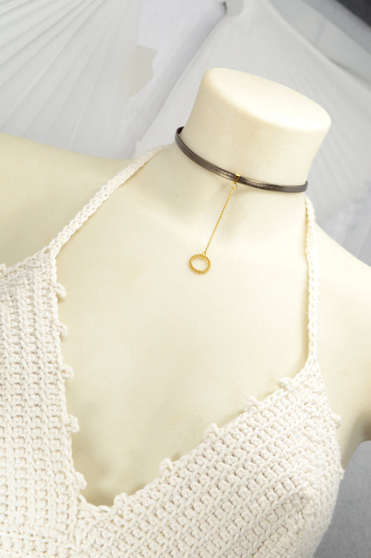Boho Chic Leather Choker with Gold Circle Pendant | Festival & Statement Necklace