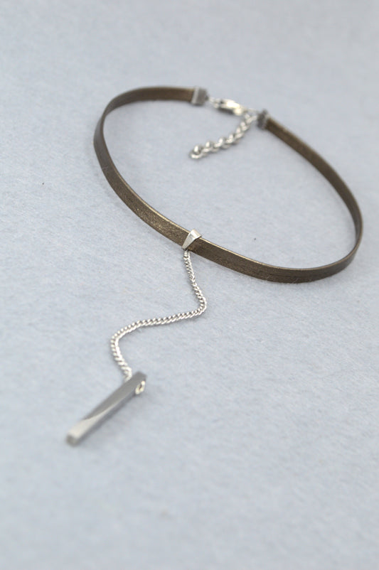 Stainless Steel Bar Pendant Choker – Leather Cord Necklace | Minimalist Y Necklace for Women & Men | Modern Statement Jewelry