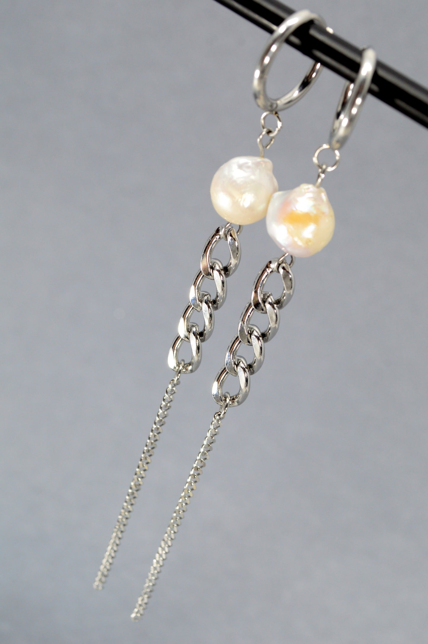 Statement Pearl Chain Earrings – 12cm (5") Modern Baroque Freshwater Pearl Dangles