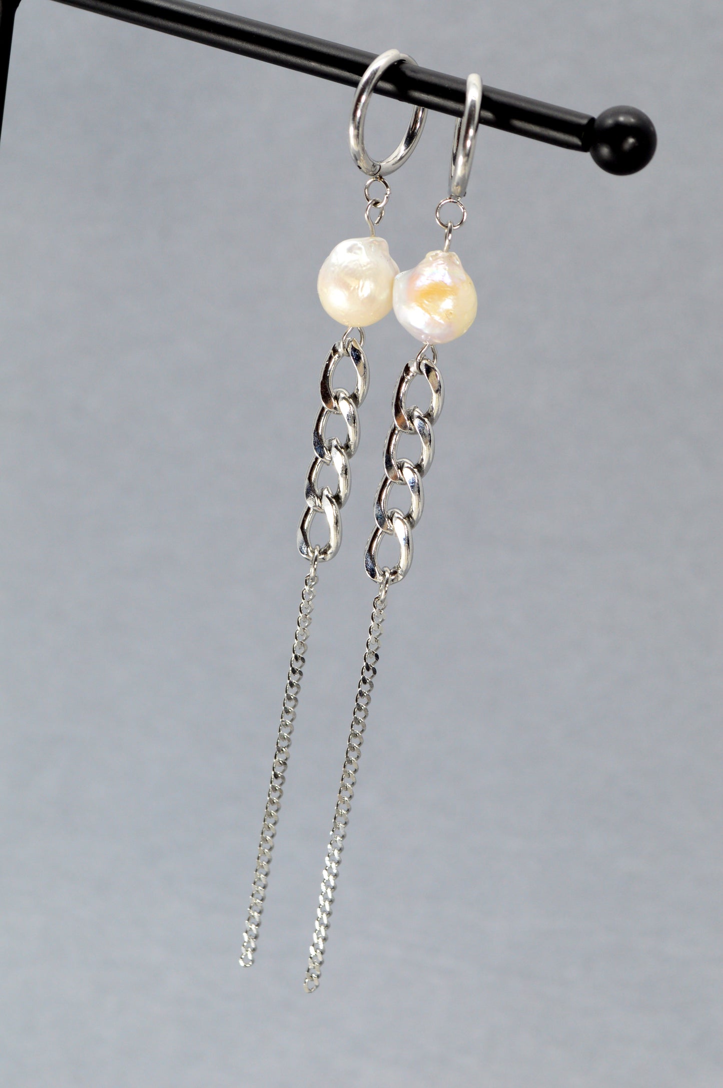 Statement Pearl Chain Earrings – 12cm (5") Modern Baroque Freshwater Pearl Dangles