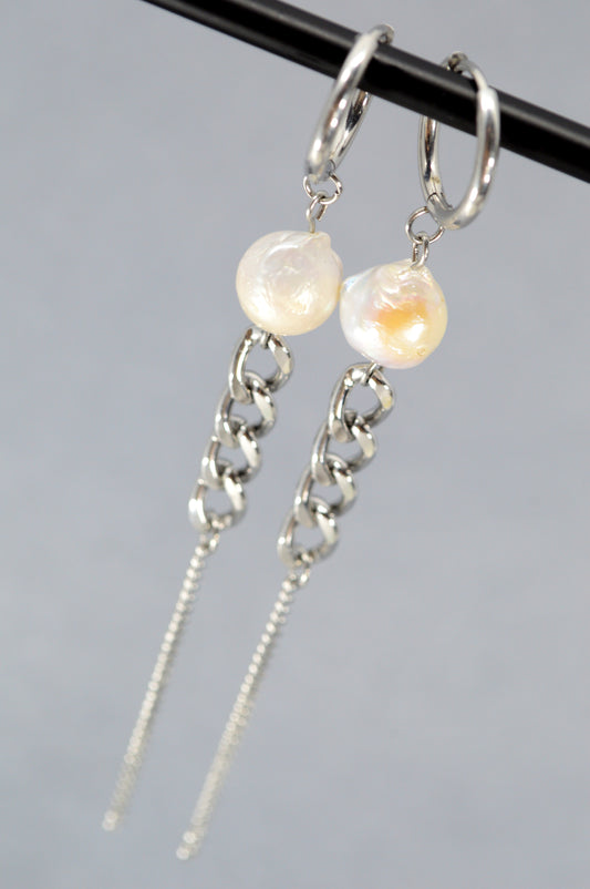Statement Pearl Chain Earrings – 12cm (5") Modern Baroque Freshwater Pearl Dangles