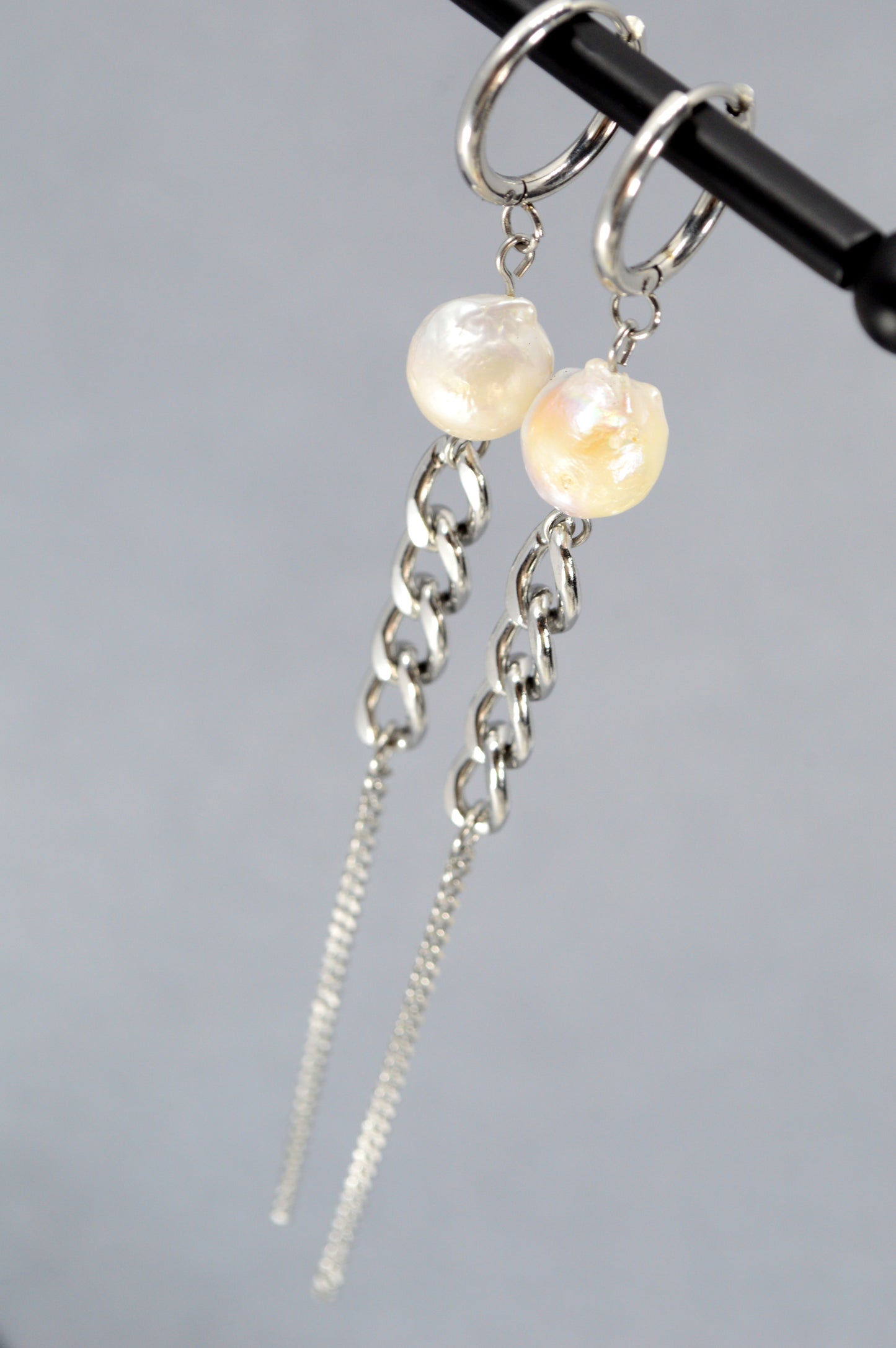 Statement Pearl Chain Earrings – 12cm (5") Modern Baroque Freshwater Pearl Dangles