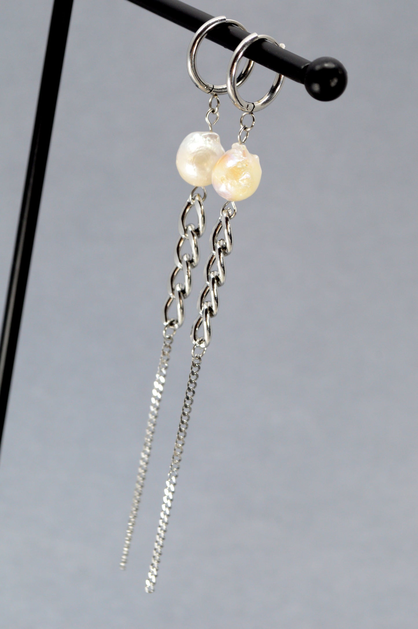 Statement Pearl Chain Earrings – 12cm (5") Modern Baroque Freshwater Pearl Dangles