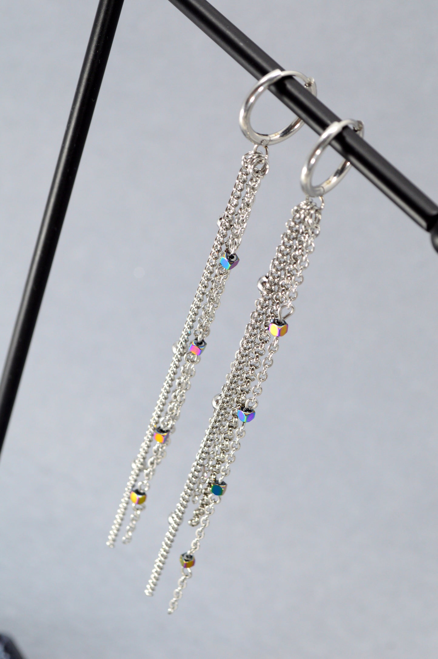 Silver Rainbow Chain Drop Earrings – 12 cm / 5" Statement Earrings