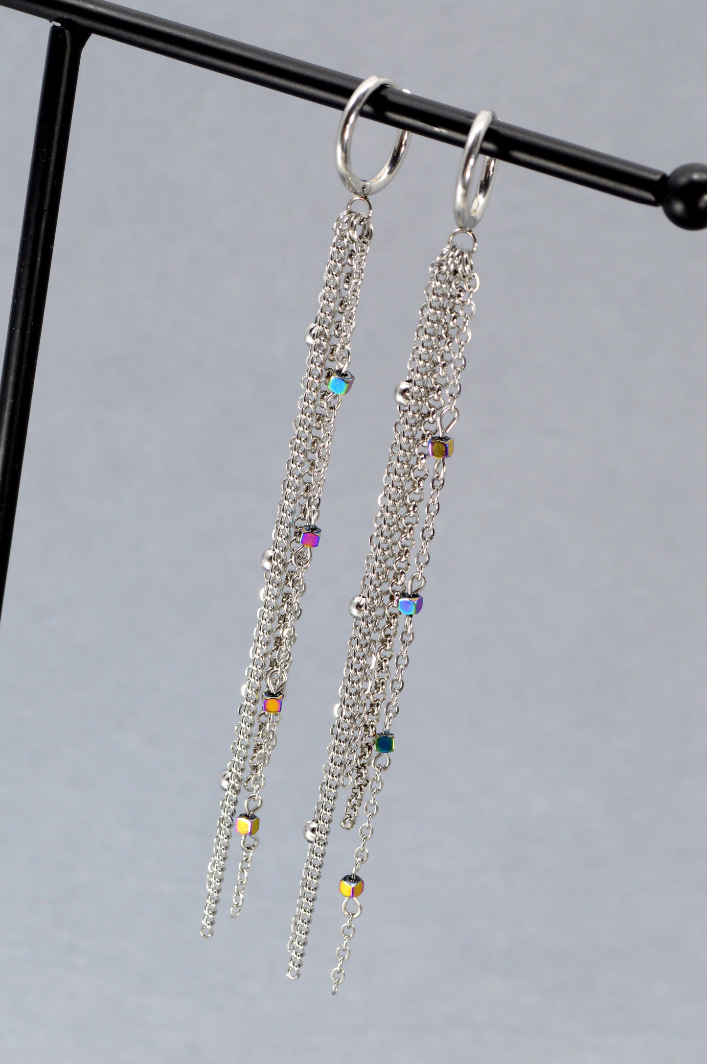 Silver Rainbow Chain Drop Earrings – 12 cm / 5" Statement Earrings