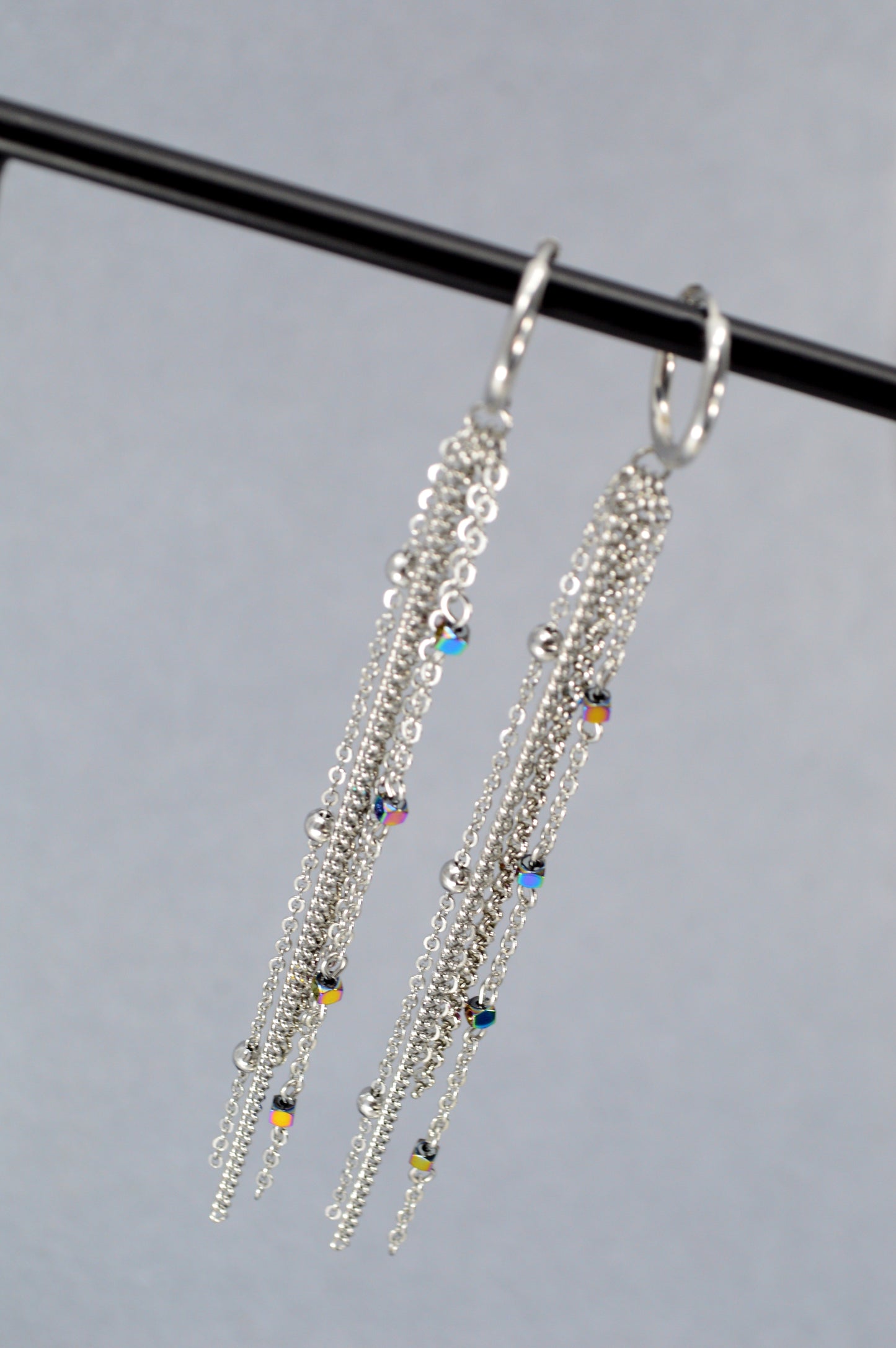 Silver Rainbow Chain Drop Earrings – 12 cm / 5" Statement Earrings