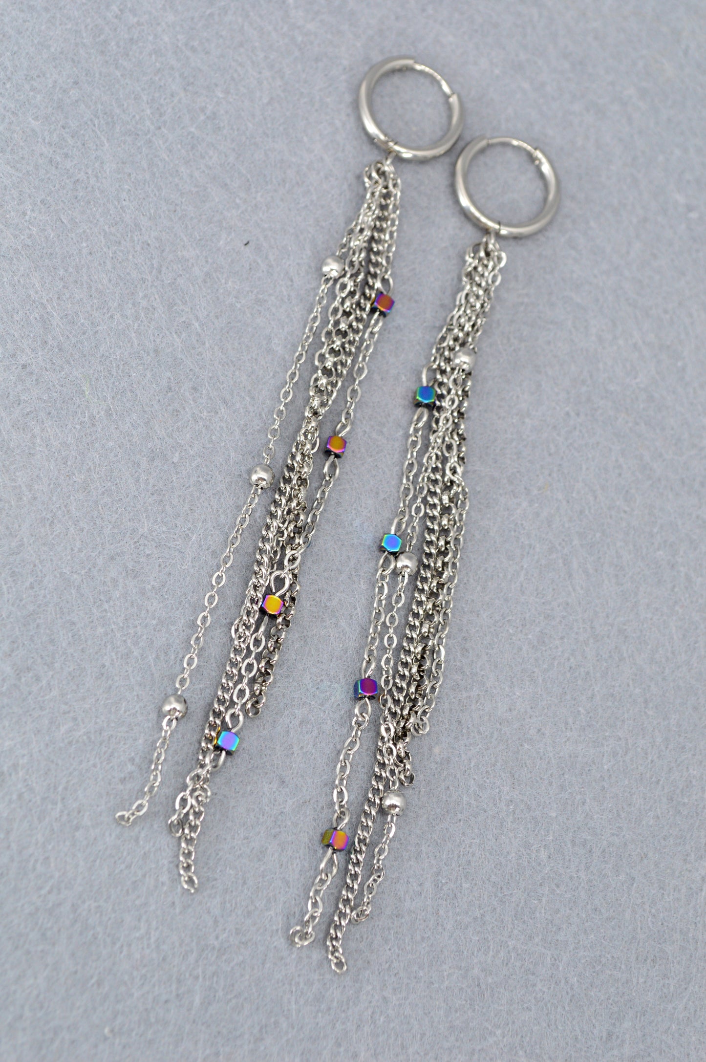 Silver Rainbow Chain Drop Earrings – 12 cm / 5" Statement Earrings