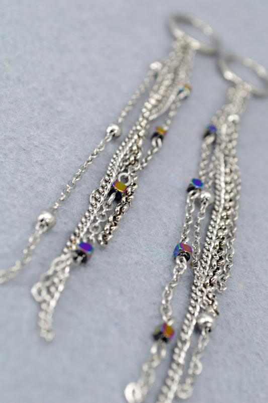 Silver Rainbow Chain Drop Earrings – 12 cm / 5" Statement Earrings