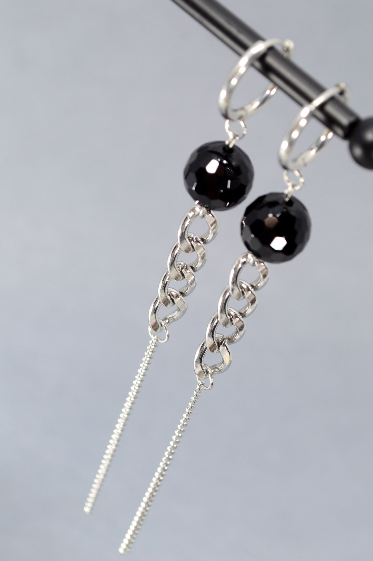 Onyx Long Dangle Earrings – 12cm Black Gemstone & Silver Chain Statement Earrings | Gothic, Nightclub, Party Jewelry