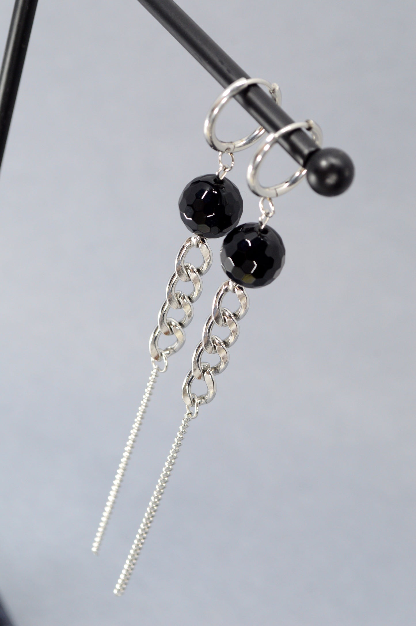 Onyx Long Dangle Earrings – 12cm Black Gemstone & Silver Chain Statement Earrings | Gothic, Nightclub, Party Jewelry