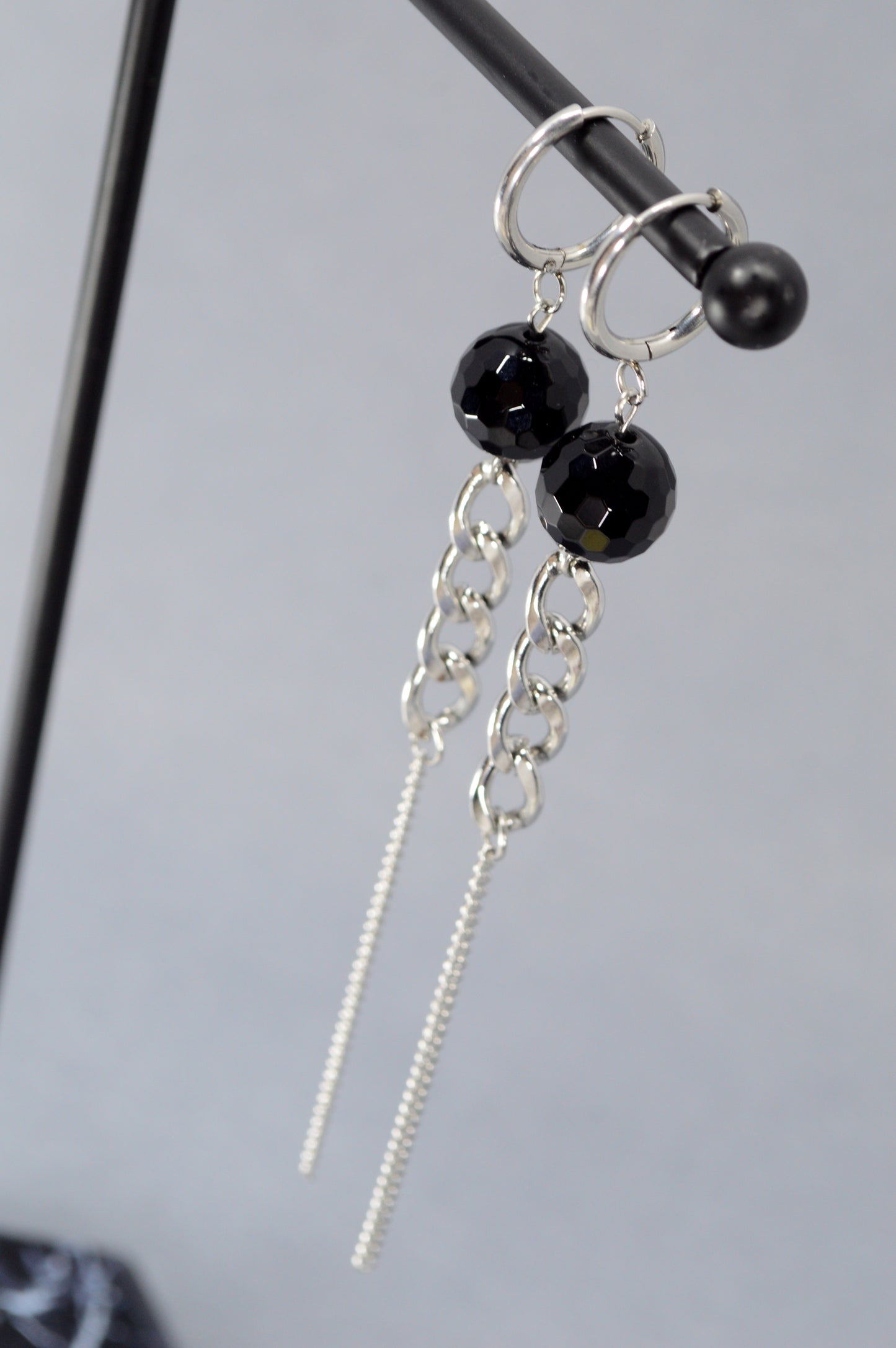 Onyx Long Dangle Earrings – 12cm Black Gemstone & Silver Chain Statement Earrings | Gothic, Nightclub, Party Jewelry