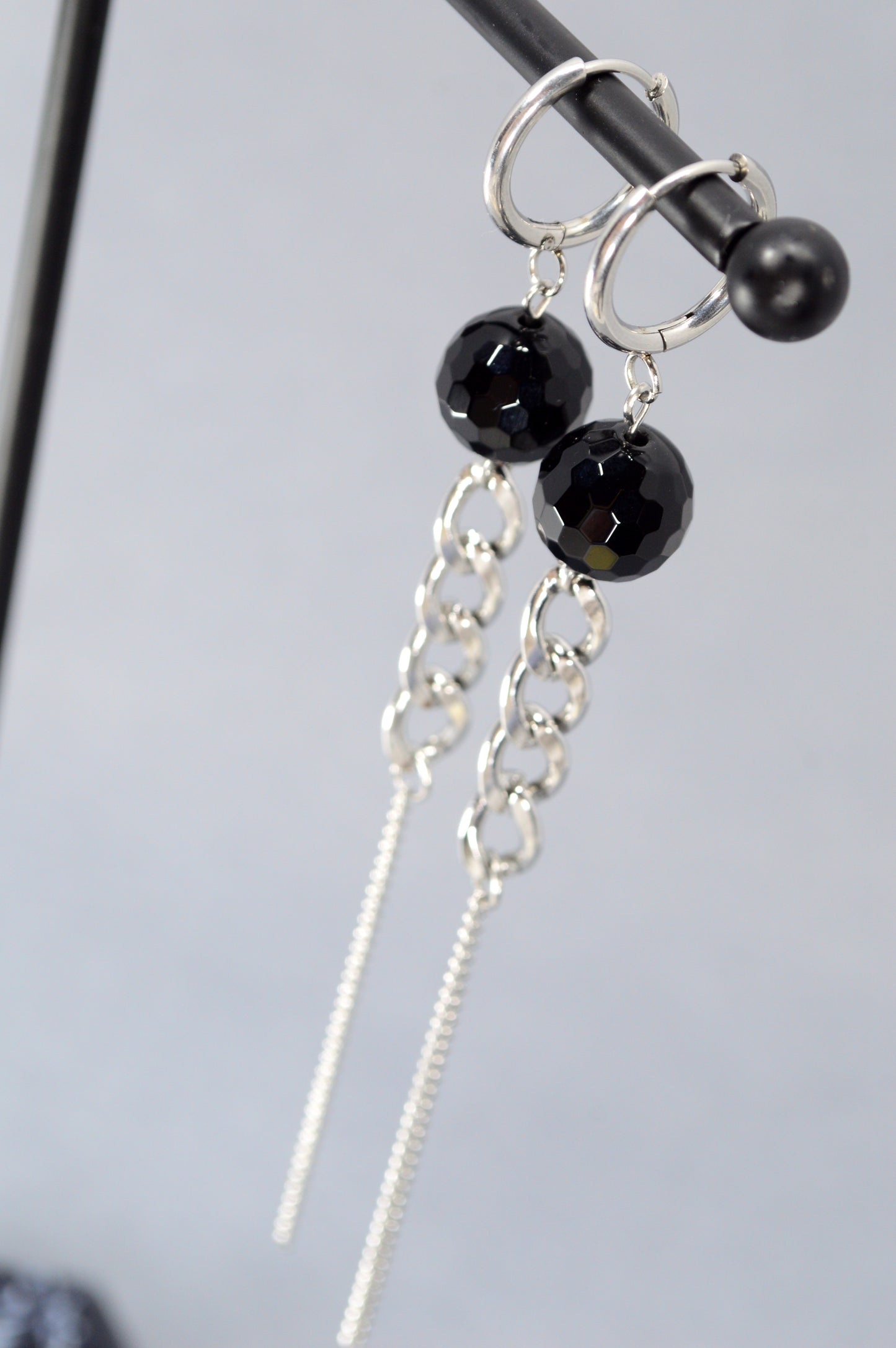 Onyx Long Dangle Earrings – 12cm Black Gemstone & Silver Chain Statement Earrings | Gothic, Nightclub, Party Jewelry