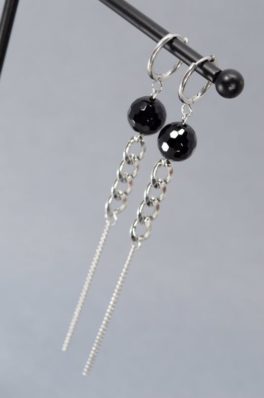 Onyx Long Dangle Earrings – 12cm Black Gemstone & Silver Chain Statement Earrings | Gothic, Nightclub, Party Jewelry