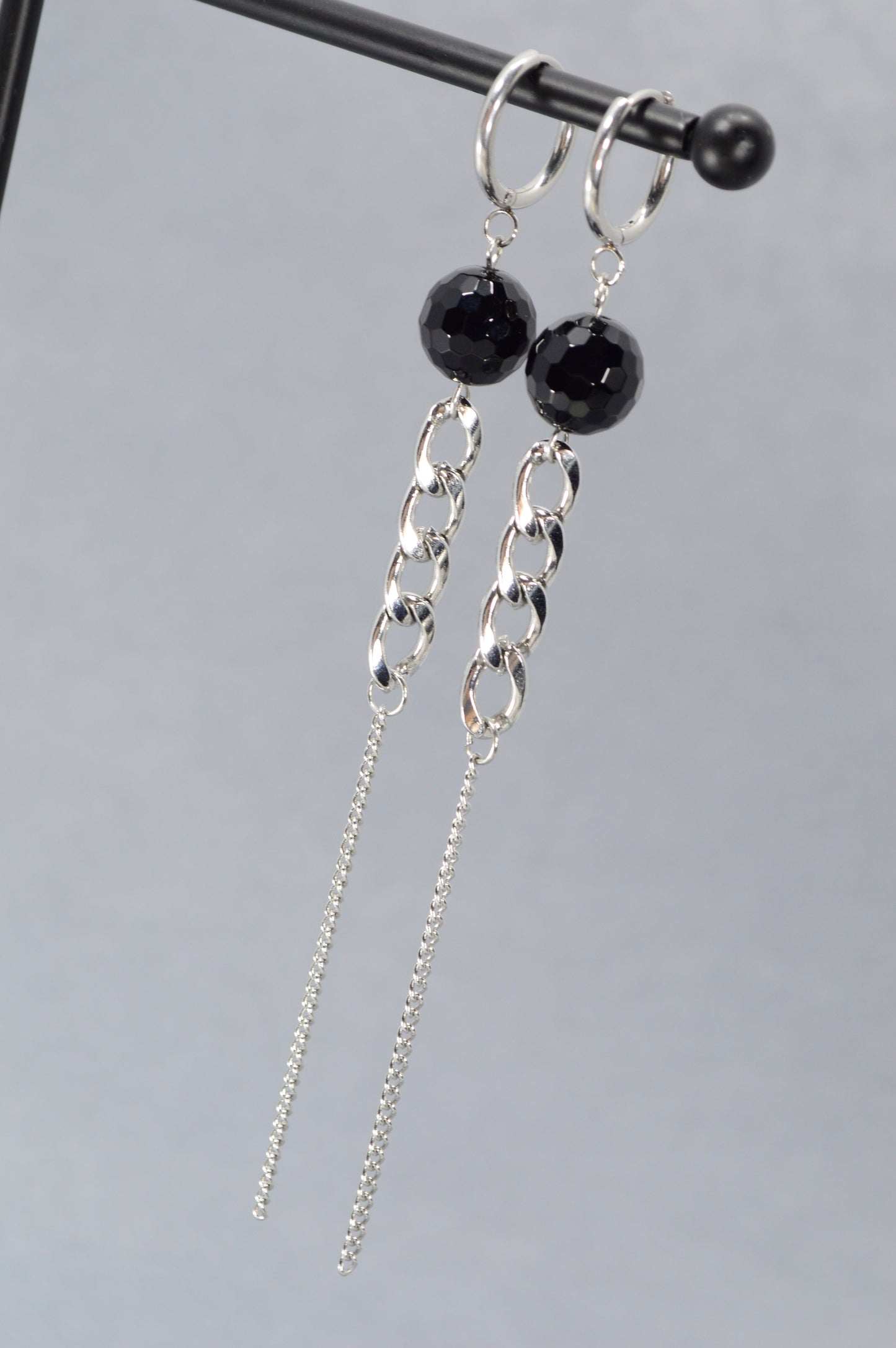 Onyx Long Dangle Earrings – 12cm Black Gemstone & Silver Chain Statement Earrings | Gothic, Nightclub, Party Jewelry
