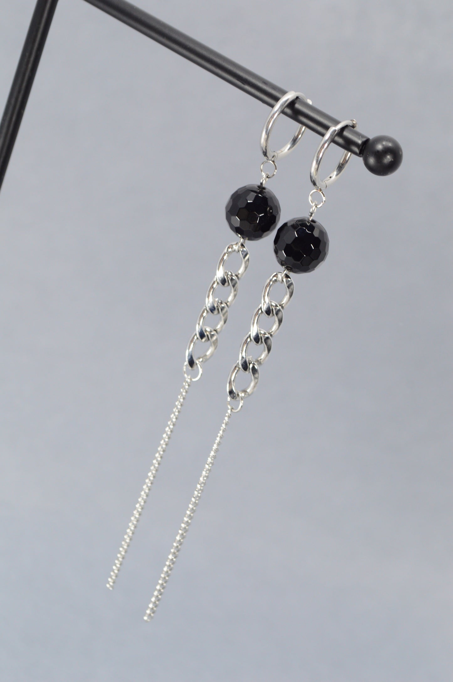 Onyx Long Dangle Earrings – 12cm Black Gemstone & Silver Chain Statement Earrings | Gothic, Nightclub, Party Jewelry