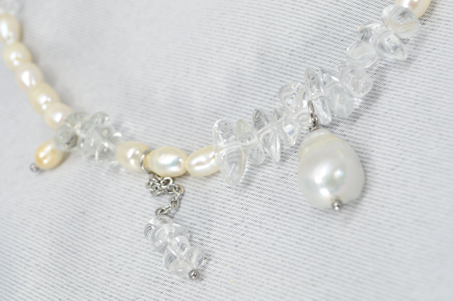 Freshwater Pearl & Clear Crystal Necklace – 17" Silver Stainless Steel Accent Chain