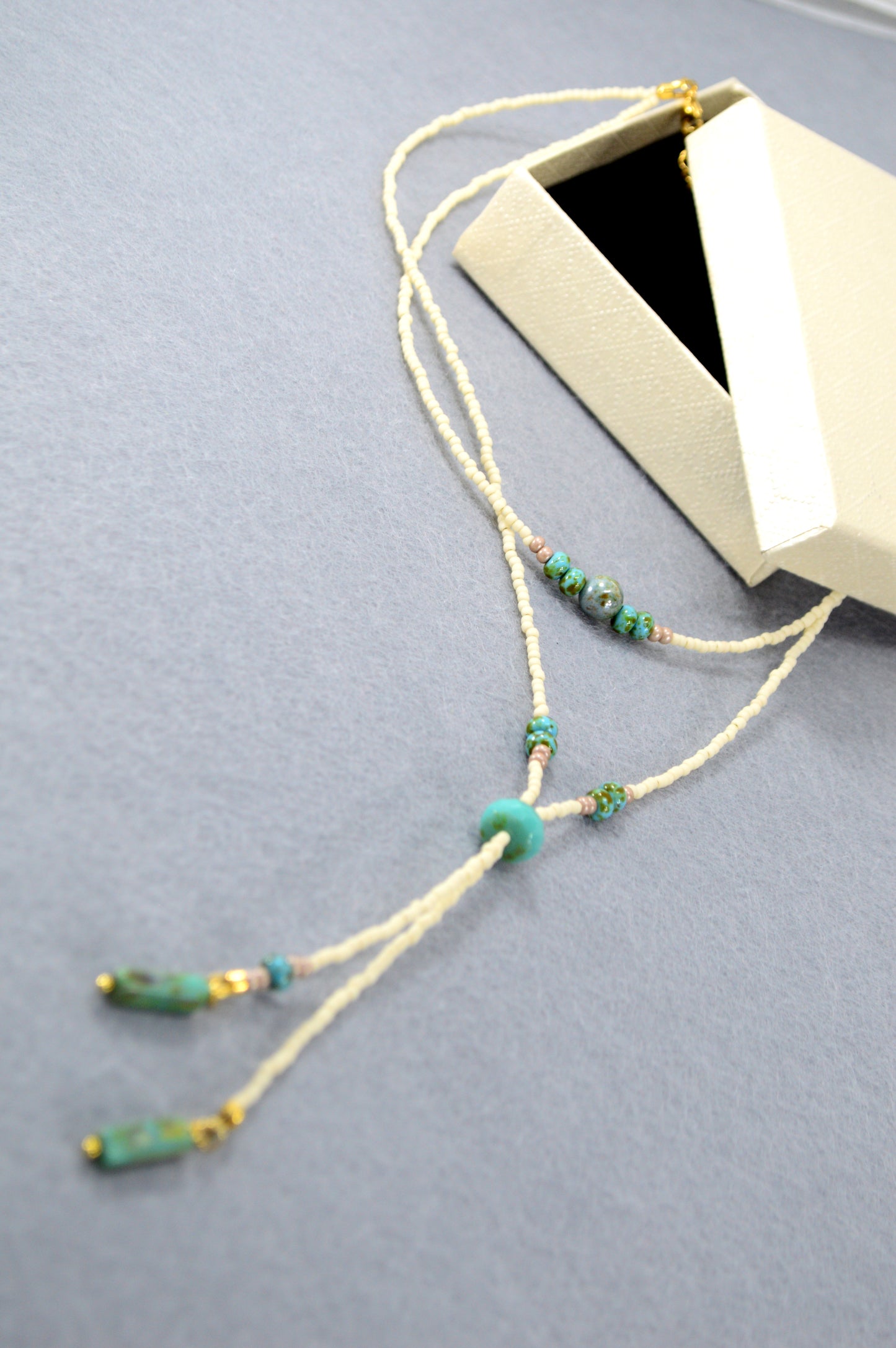 Turquoise Beaded Lariat Necklace – Adjustable Boho Y Necklace with Czech Glass Beads
