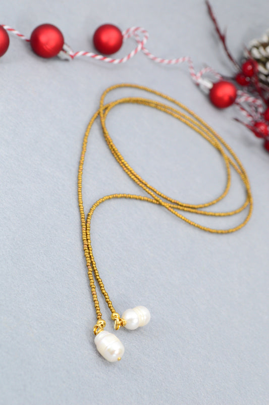 Boho Earthy & Green Beaded Lariat Necklaces – Handmade Wrap Y Necklace with Freshwater Pearls – Picasso Green, Moss, Gold, Transparent Gold, Earth Brown, Turquoise Picasso, Peach