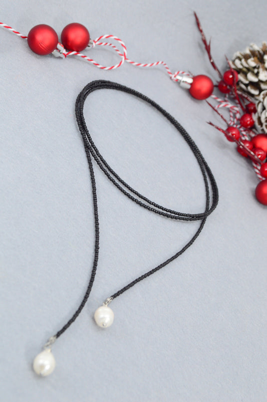 Black Pearl Lariat Necklace | Boho Y Necklace | Handmade Long Chain Jewelry