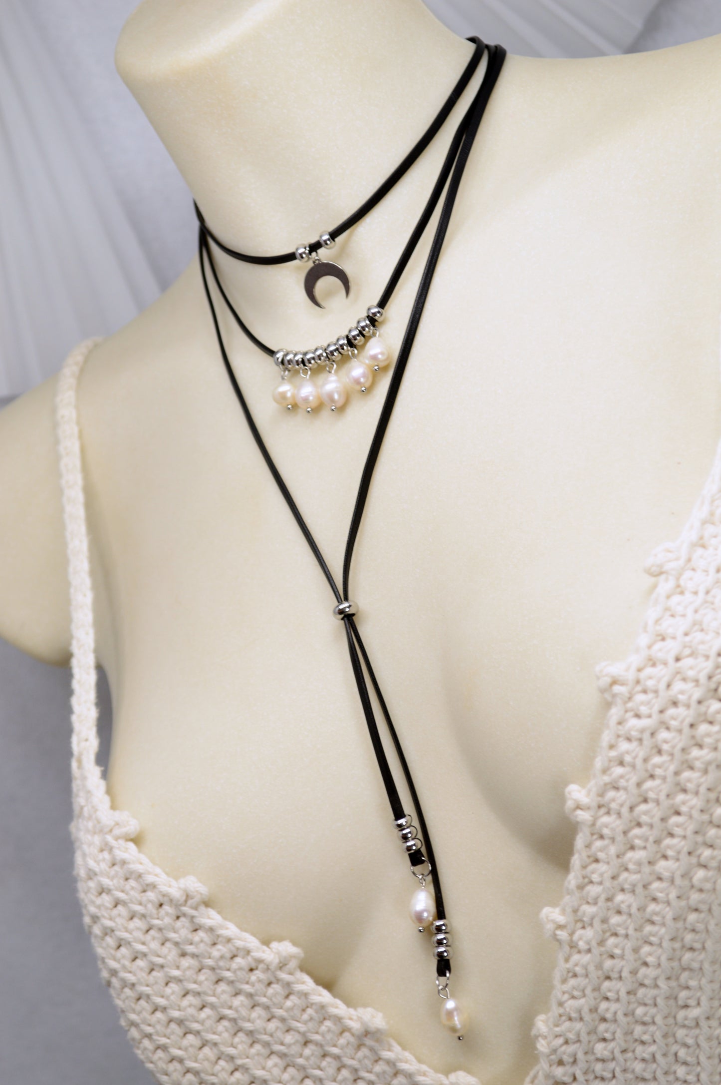 Black Leather Pearl Bolo Necklace – Layered Moon Choker with Freshwater Pearls