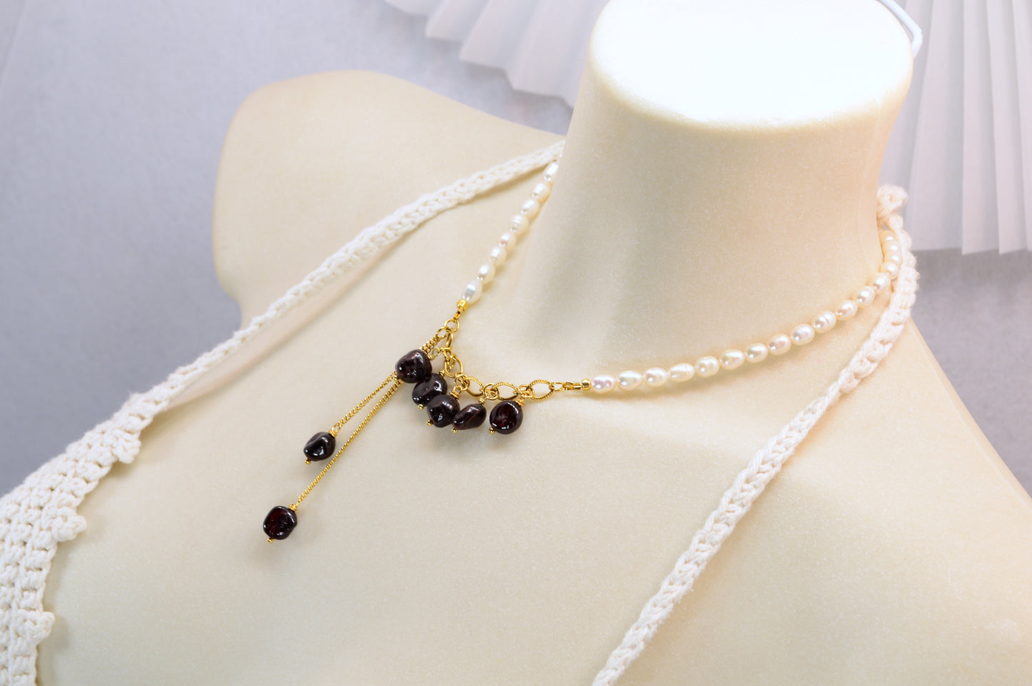 Freshwater Pearl & Dark Garnet Necklace – Gold Stainless Steel Chain, 16"/17"/18"