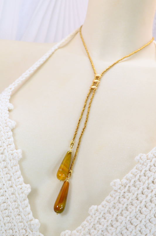 Agate Drop Lariat Necklace – Gold Seed Bead Y Necklace with Natural Agate Tips