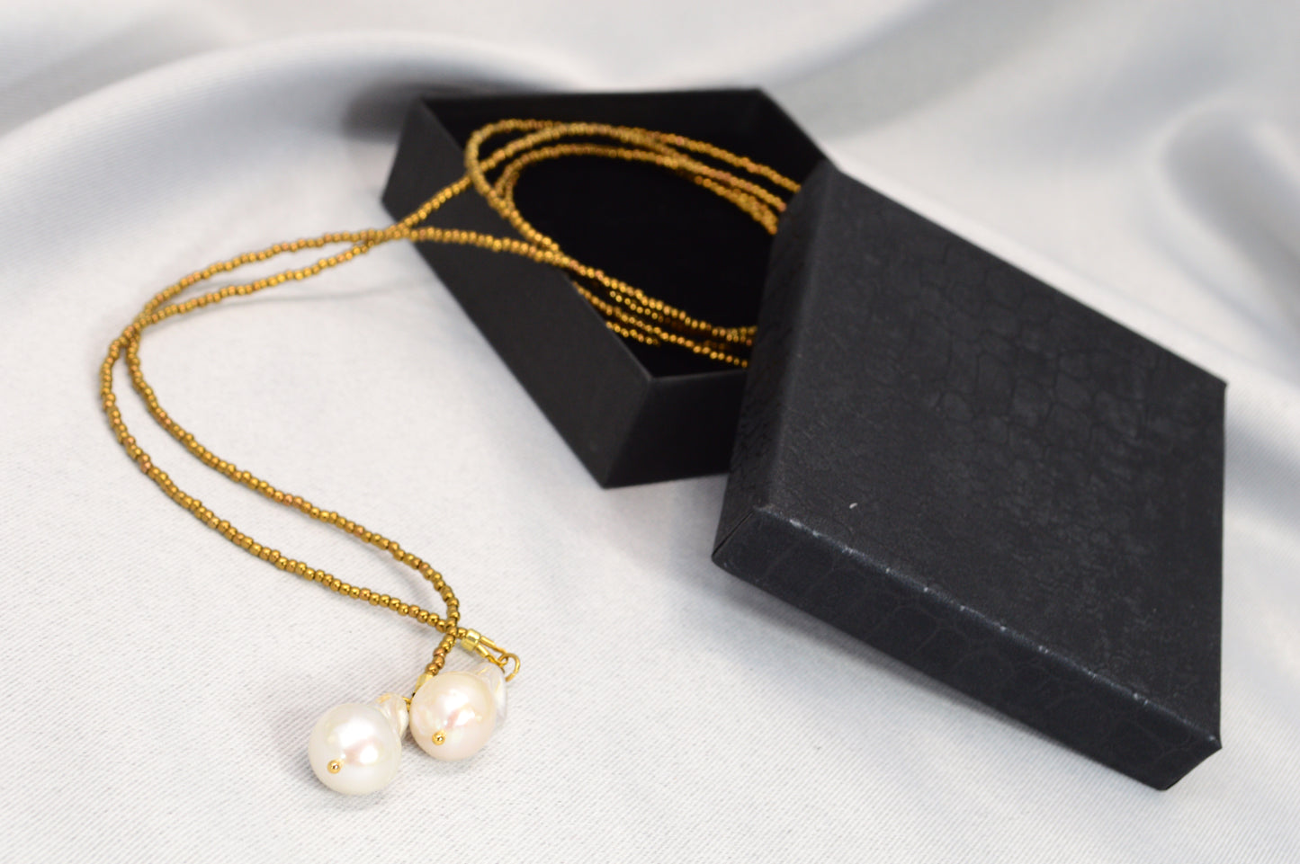 Long Pearl Drop Necklace – Gold Seed Beads & Baroque Pearl Pendant