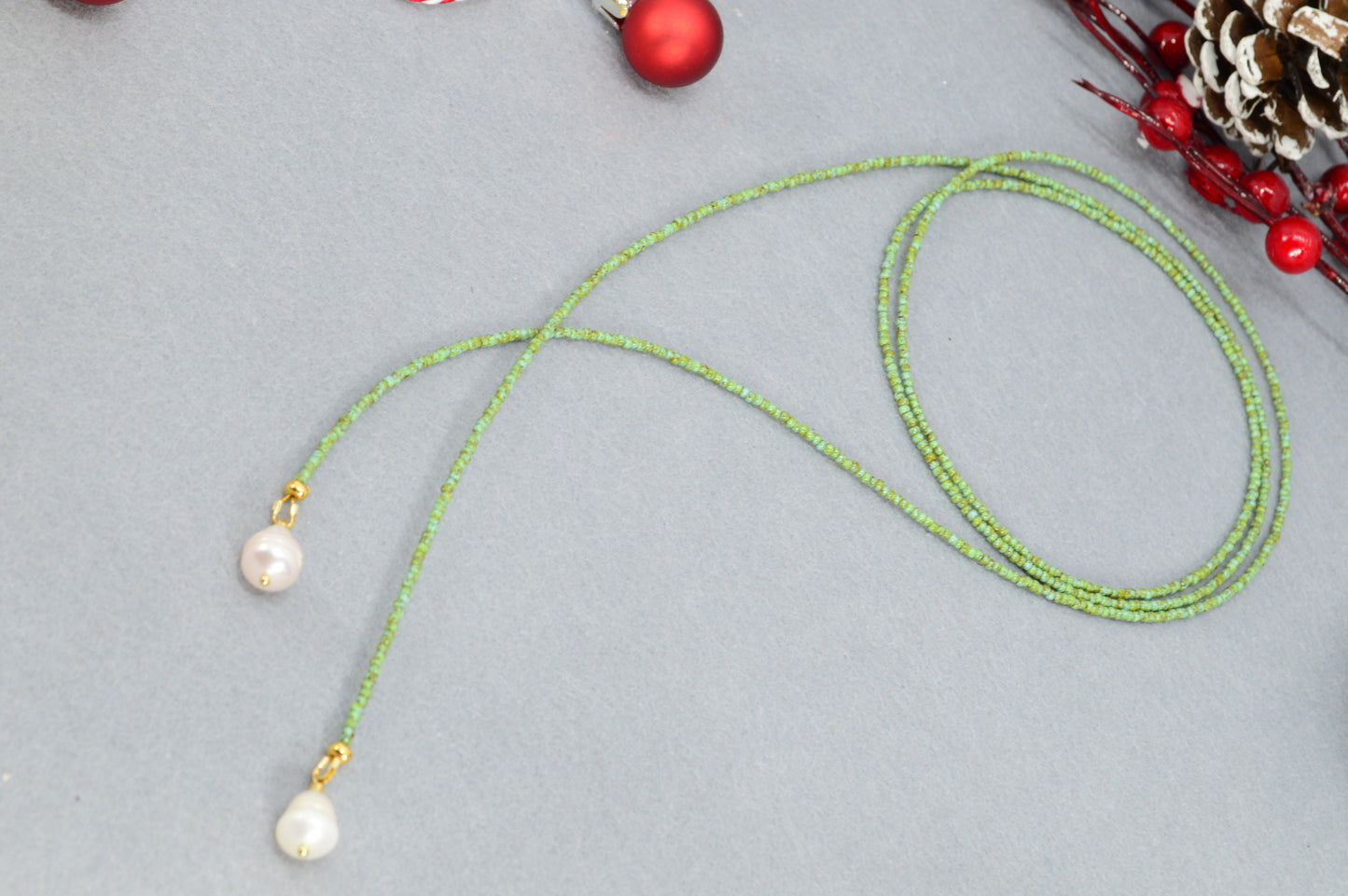 Boho Earthy & Green Beaded Lariat Necklaces – Handmade Wrap Y Necklace with Freshwater Pearls – Picasso Green, Moss, Gold, Transparent Gold, Earth Brown, Turquoise Picasso, Peach